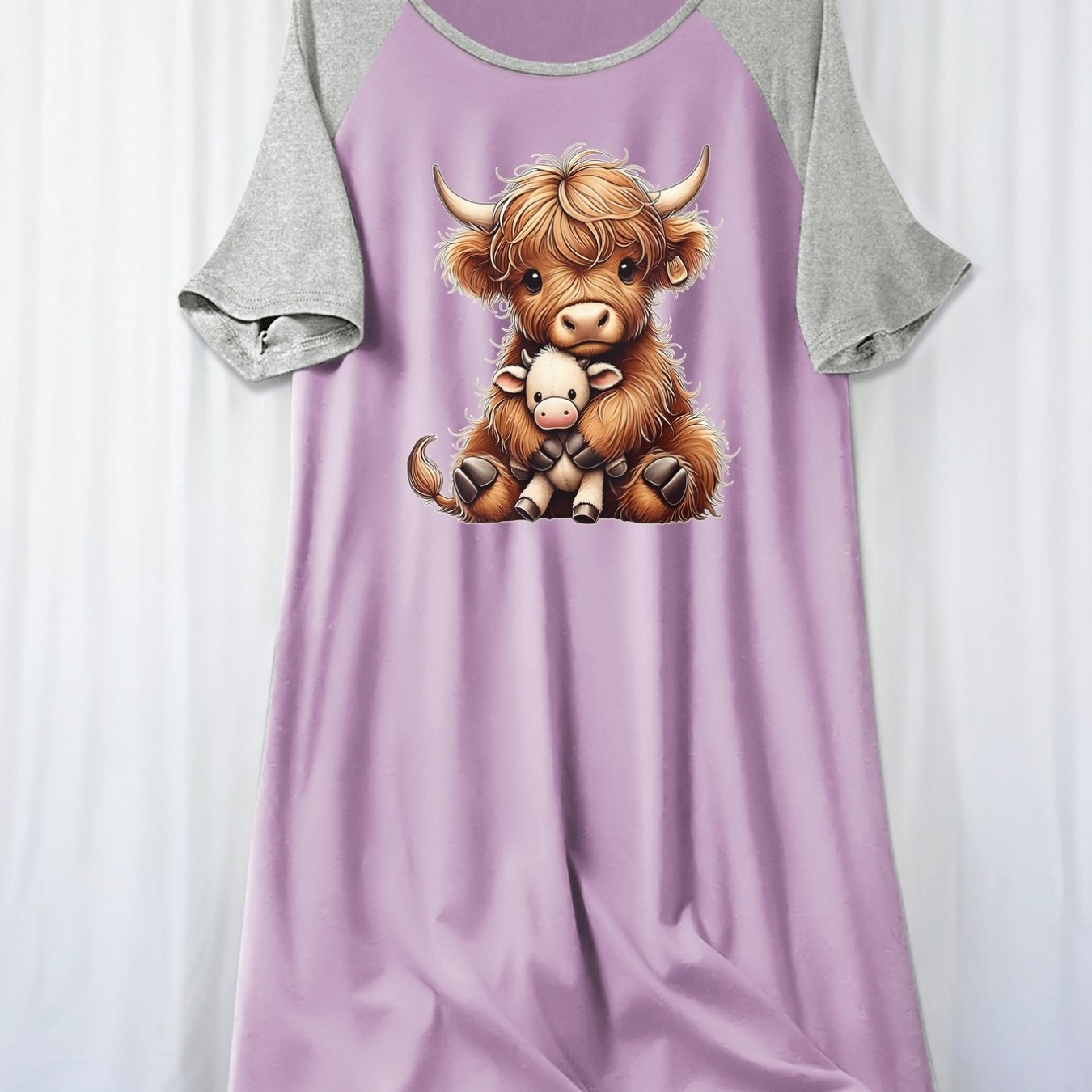 TEMU Highland Cow, Calf Print, Raglan Sleeve Nightgown, Round Neck Short Sleeve Casual Women's Wear E21
