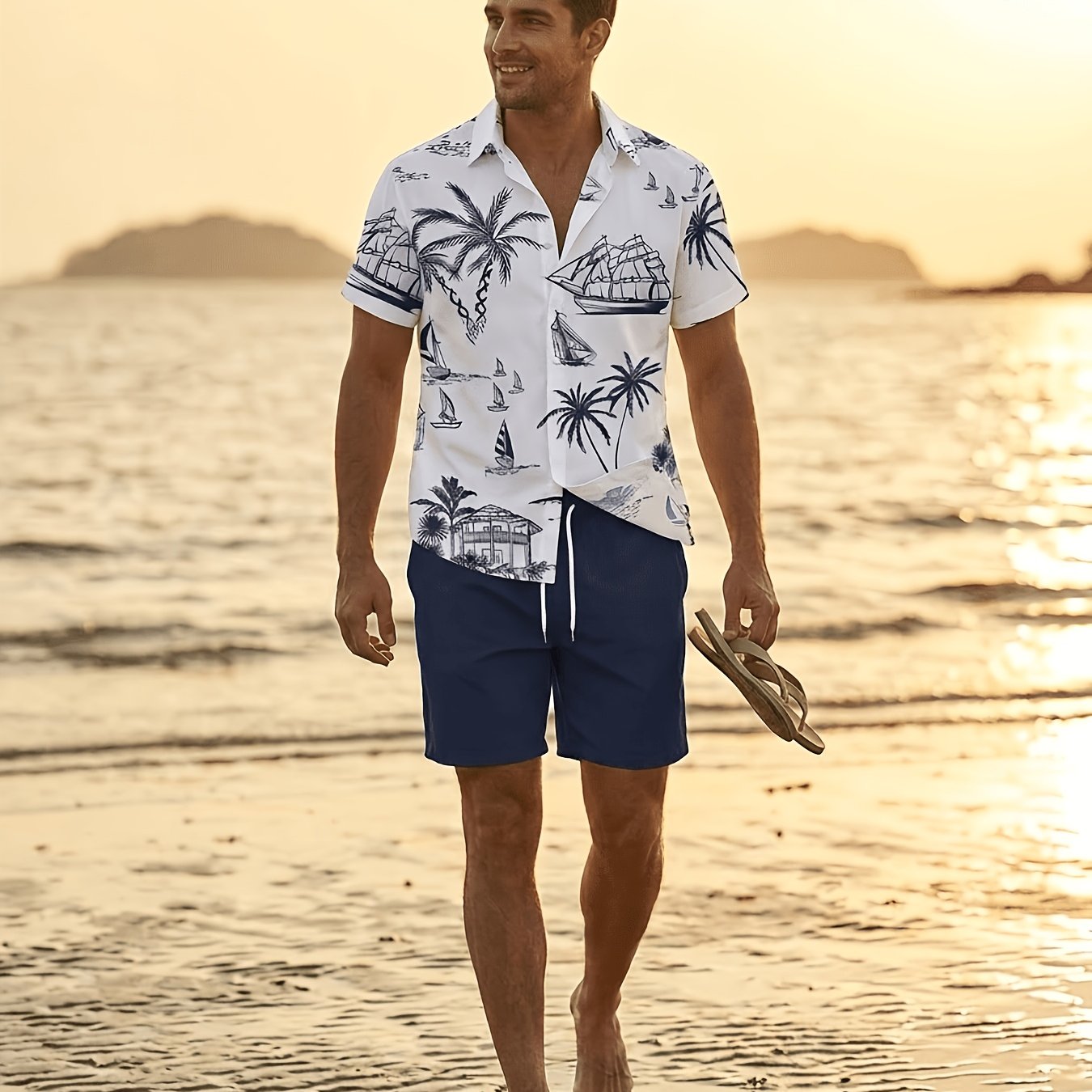 TEMU Men's Casual Fashion Hawaiian Shirt And Shorts Set, Beach Style Outfit