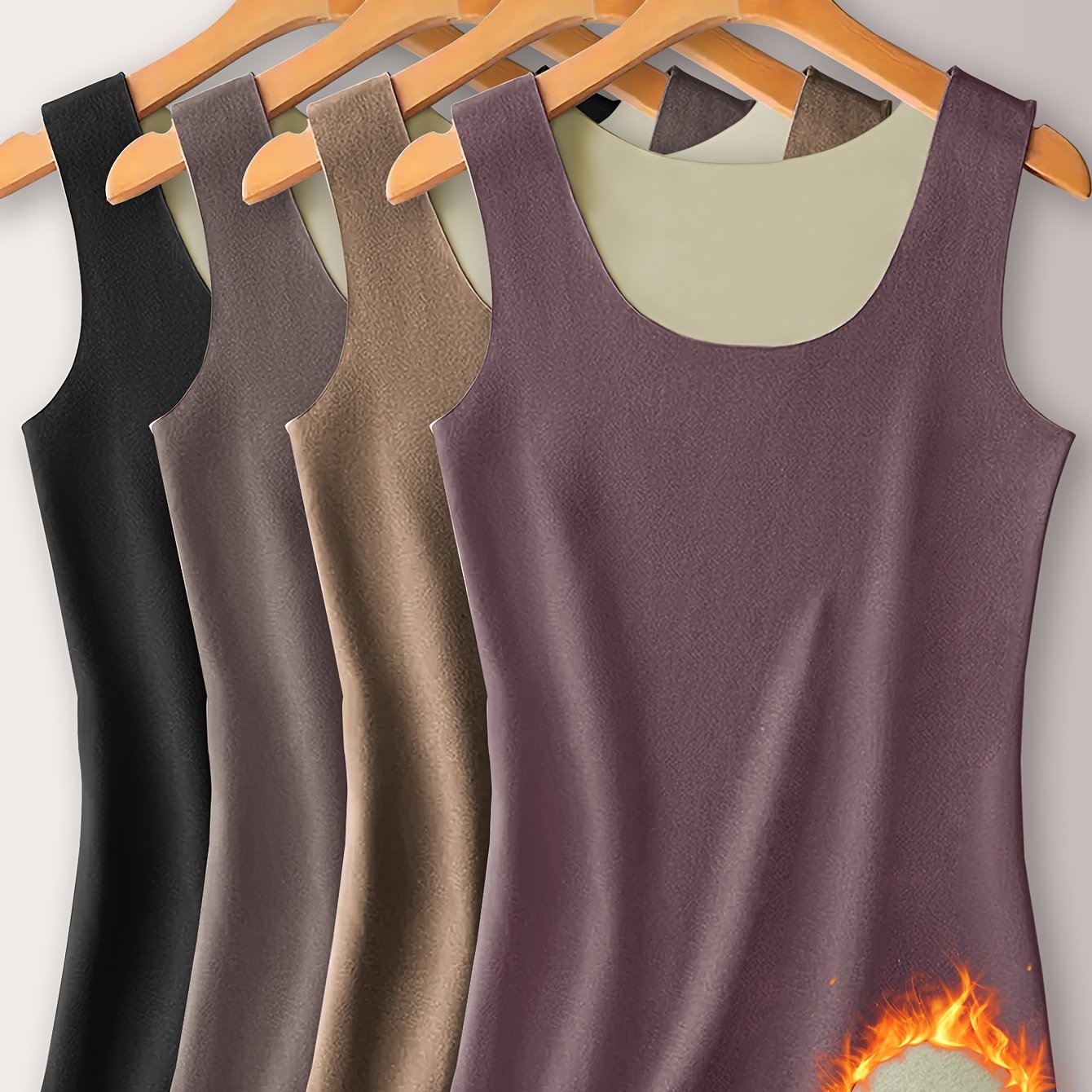 E-shop 4-teilig Damen-Herbst/Winter-bequeme hochdehnbare Thermounterwäsche, einfarbig, ärmellos, eng anliegend, weich gefüttert, verdickte nahtlose