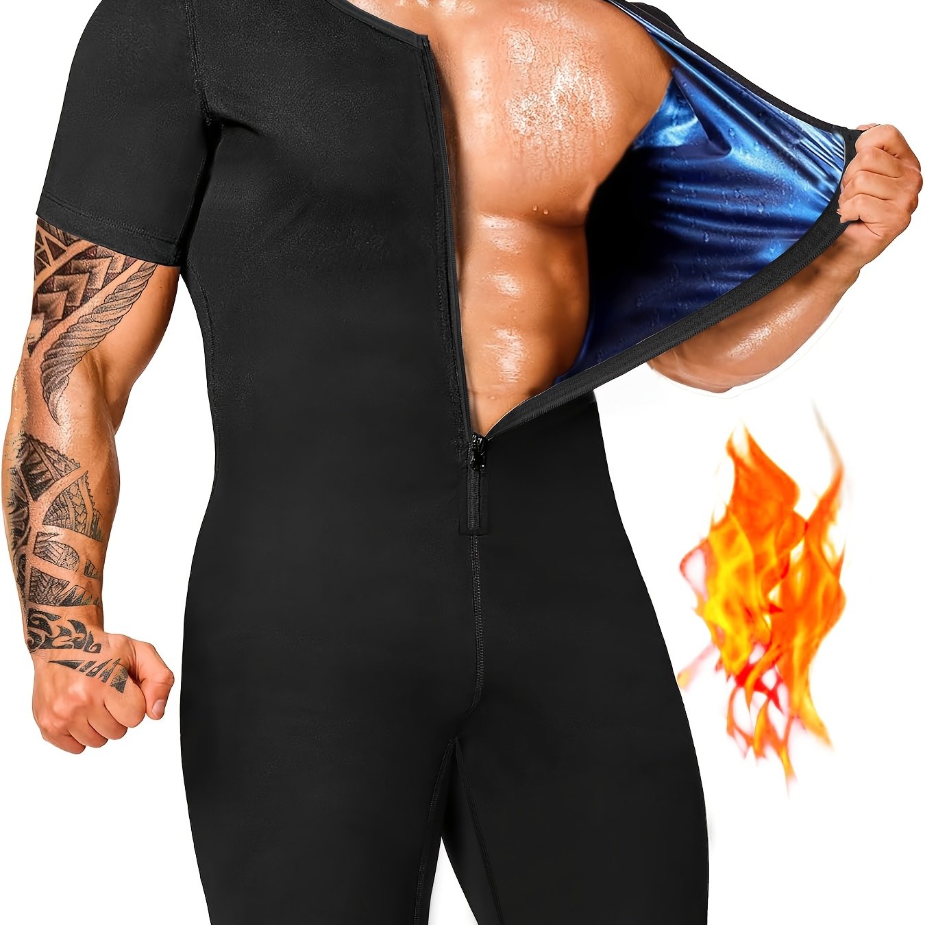 TEMU Combinaison de sauna pour homme, corps , taille cintrée, entraînement, du corps, combinaison à fermeture éclair à manches courtes, convient pour