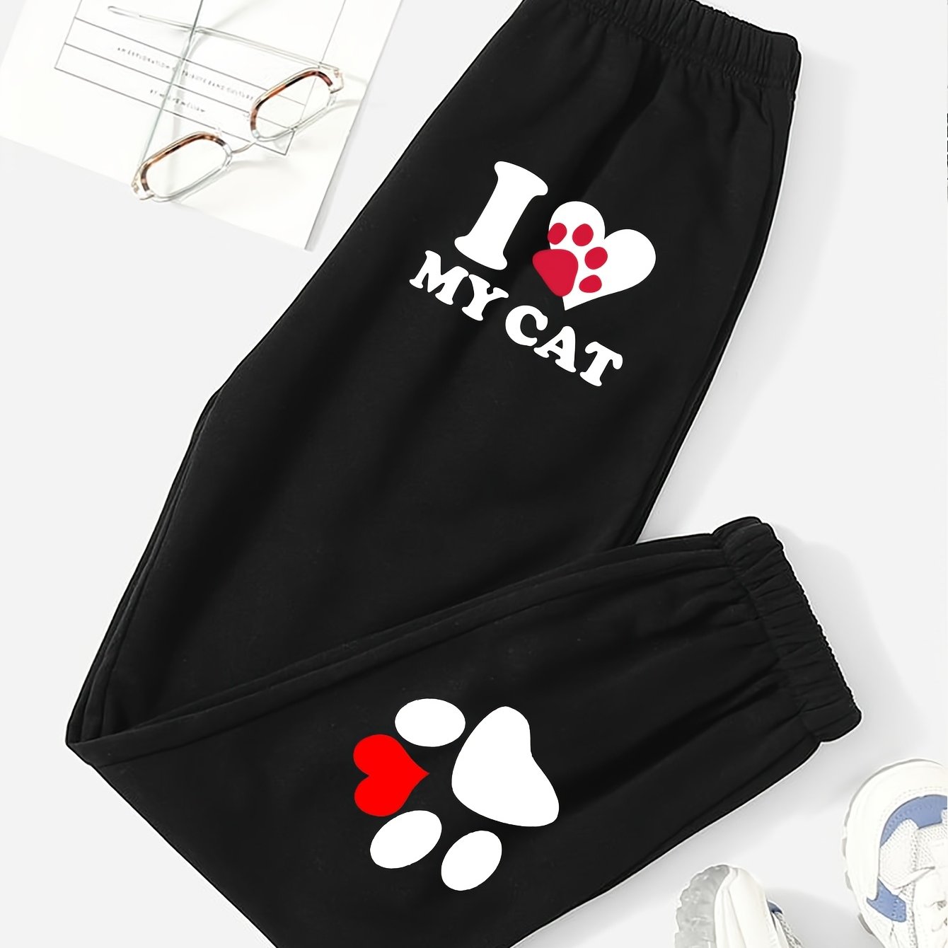 TEMU Cat Lovers ! I Cat Paw Print Black Jogger Pants Women, Loose And Casual Sweatpants Must-have! Heart Cat Paw Letter Jogger Pants