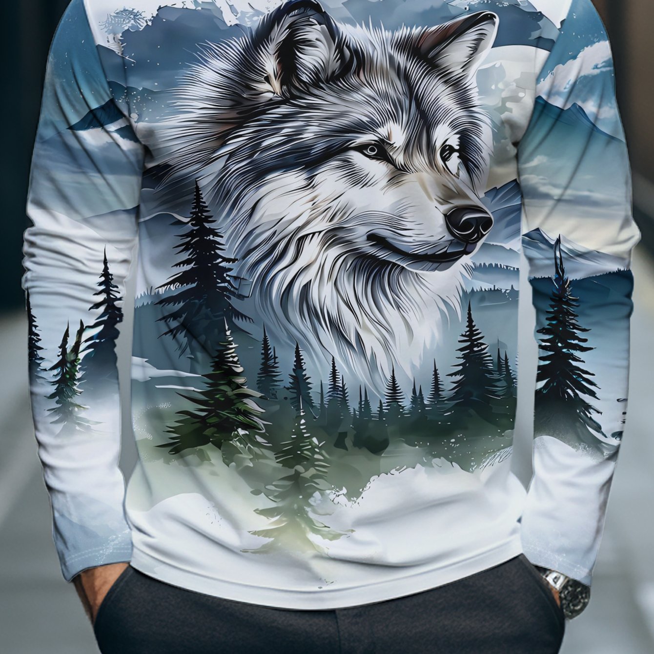 TEMU The Back Of The Long-sleeved Shirt Features A Wolf And A Scene, With And Artistic Style