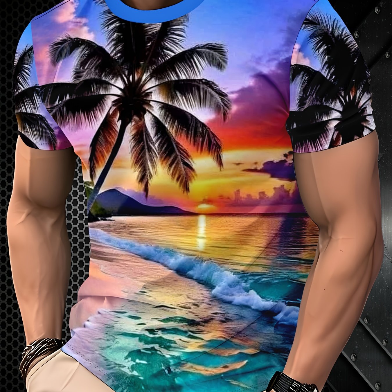 TEMU Men's Fashion Trendy Short Sleeve T-shirt - Polyester Comfortable Durable Fabric, Suitable For Daily Wear And Vacation, Breathable Round Neck
