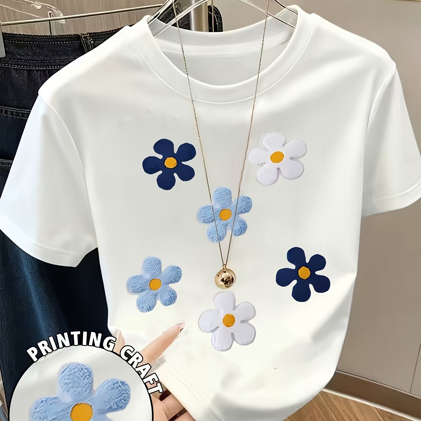 TEMU Camiseta de ajuste holgado con estampado de y moderno de pequeñas margaritas, cuello , casual, para verano y , ropa de mujer