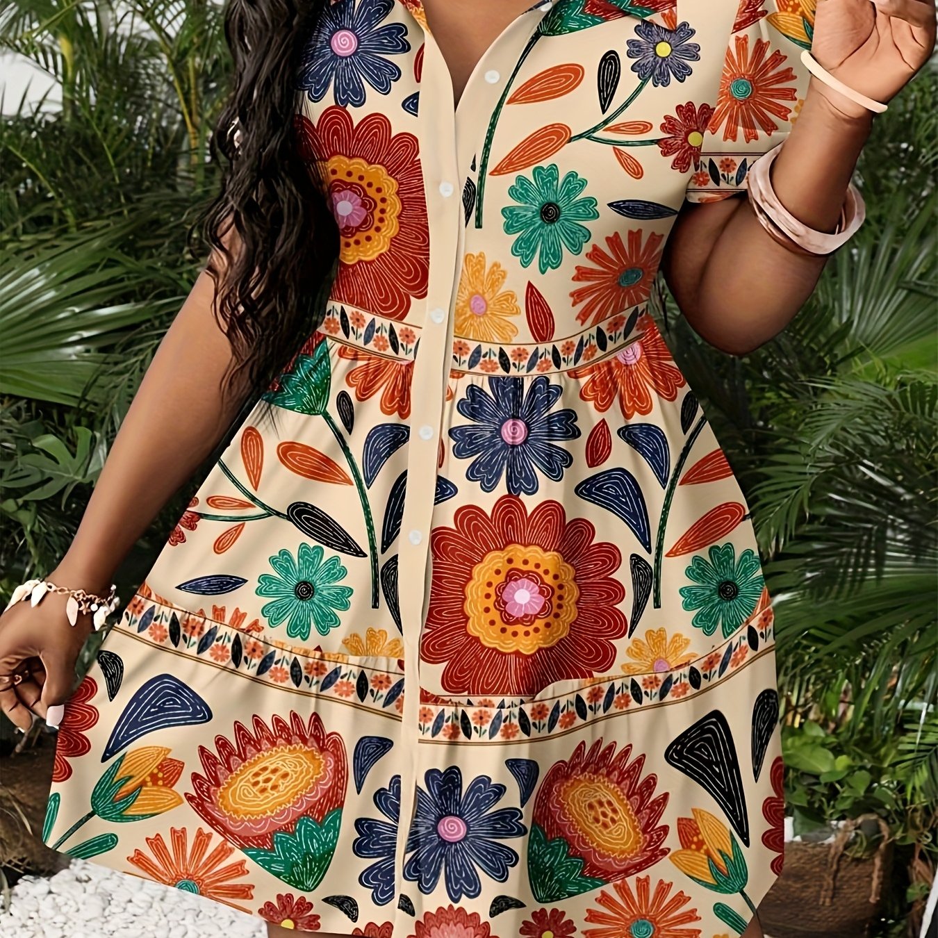 TEMU Tropical Floral Print Puff Sleeve Summer Dress