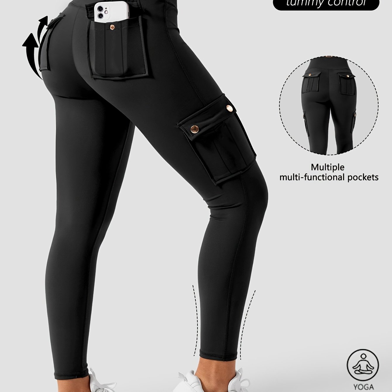 Image of Women High Waist Cargo Leggings With 4 Pockets, Tummy Control Lift Slim Fit Pants, Stretchy Solid Color Trousers, Comfortable Skinny Commuter Pants For, Travel, Office And Daily Casual Wear