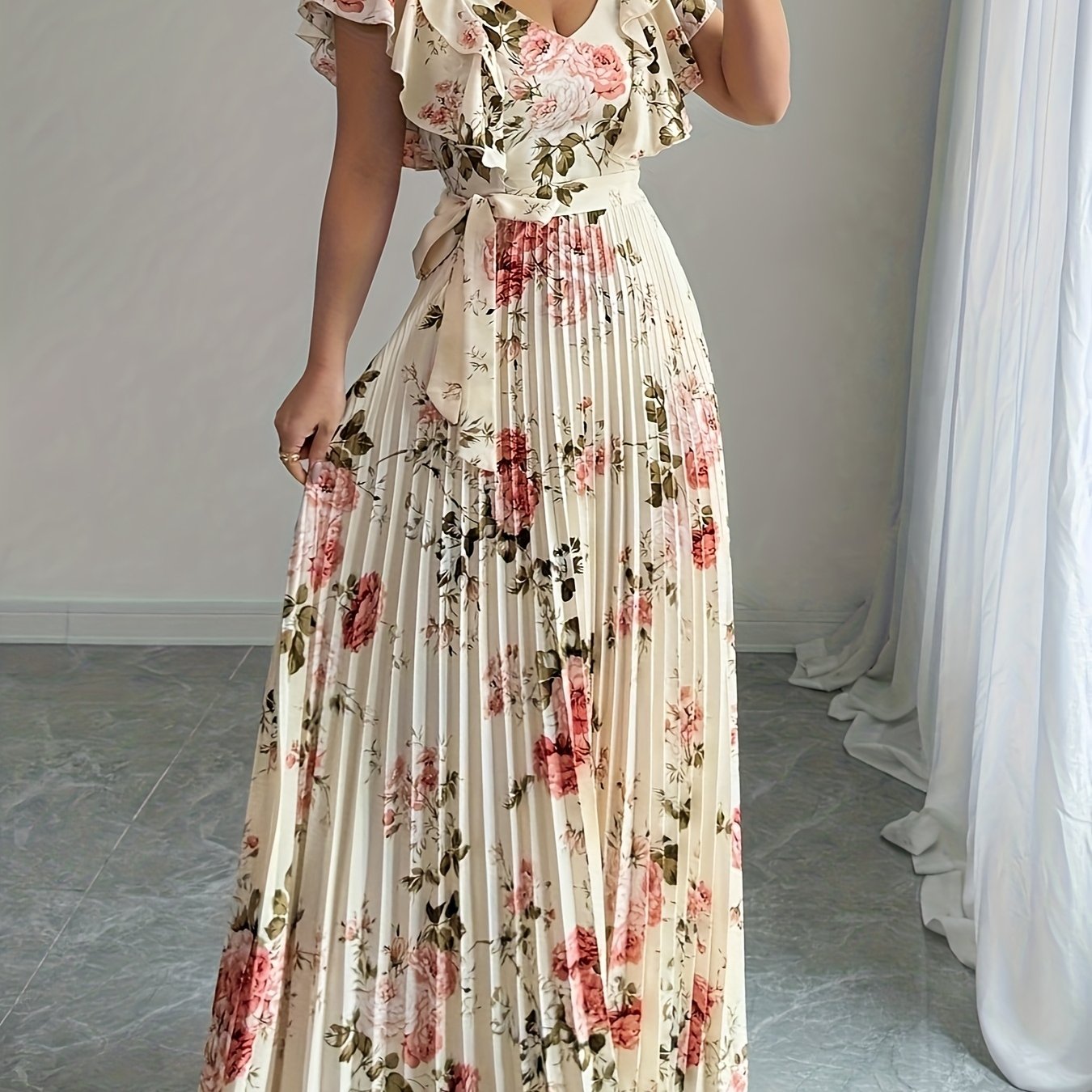 Image of An Elegant And Romantic V-neck Dress With Digital Floral Print, Waistline, And A-line Silhouette, Perfect For Vacation Wear