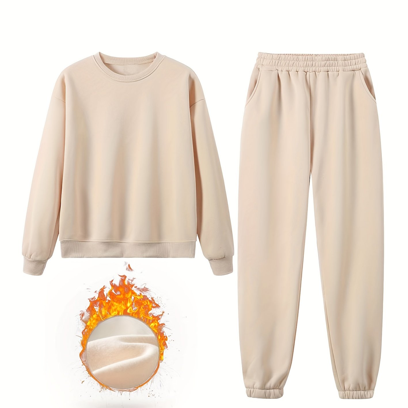 TEMU 2pcs Women's Warm Fleece Casual Round Neck Outfit, Casual Long Sleeve Top And Pants, Women's Casual Wear