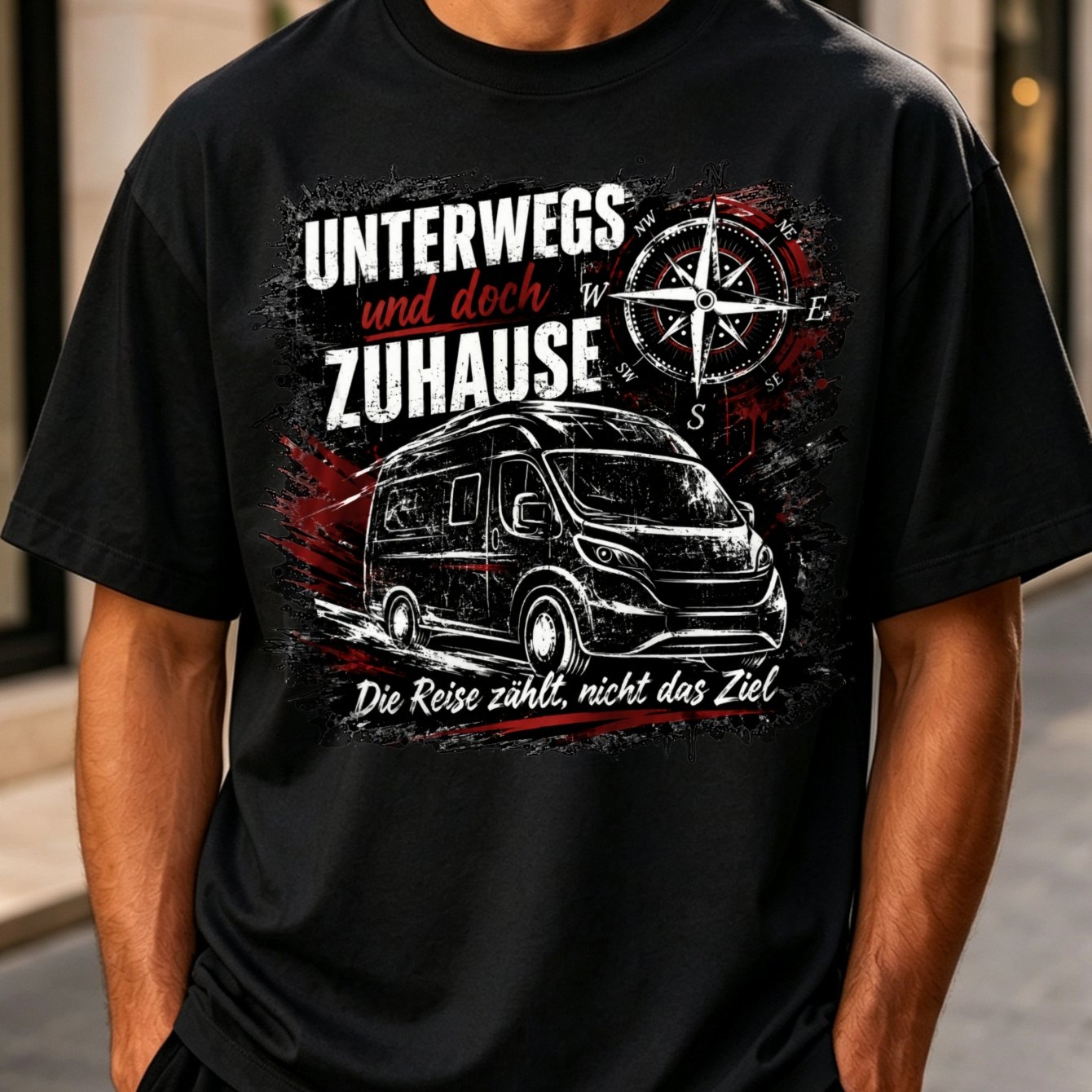 Image of Unterwegs Und Doch Zuhause Van Graphic T-shirt German Travel Quote With Compass And Red Grunge Artwork Men's T-shirt