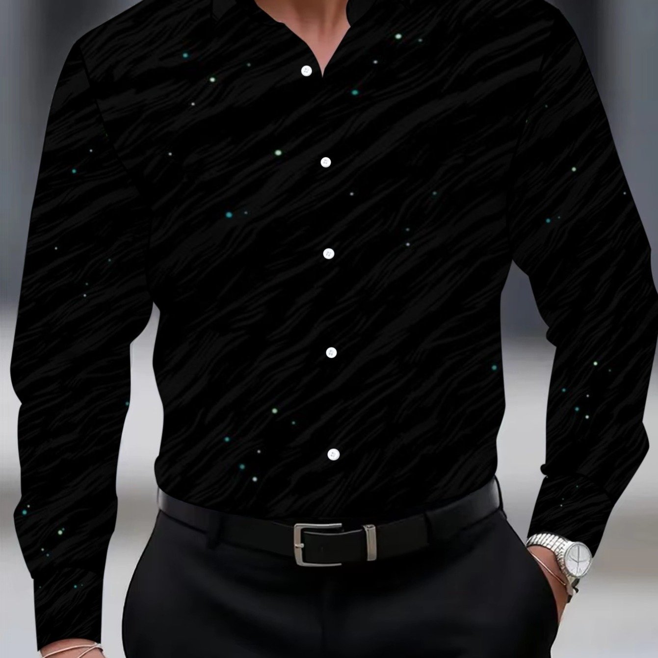 TEMU [printed Design â Not Textured] Men's Long Sleeve Shirt, Black Long Sleeve Shirt For Men, Shiny Design, Suitable For Restaurant And Office Wear
