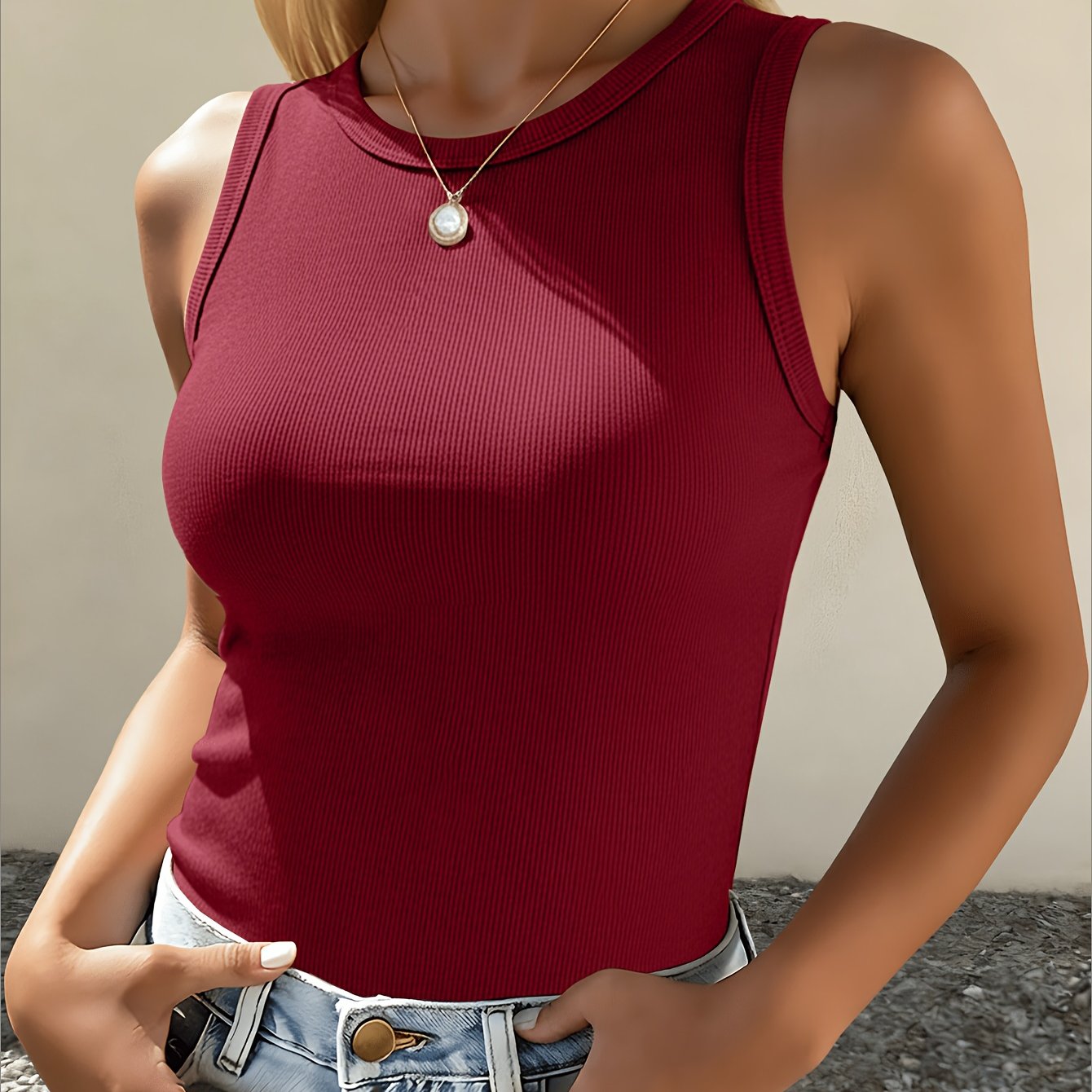 TEMU Women's Fashion Ribbed Tank Top, Elegant Vacation Wear, Stylish Y Top, Machine Washable, Holiday Apparel, Vacation, Graduation Outfit, Daily