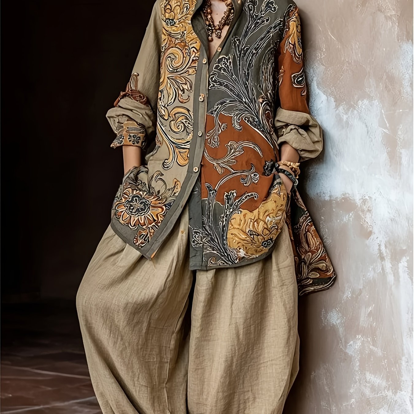 Image of Stylish Women'-piece Set - New Printed Stand Collar Long-sleeved Button-up Top And High-waist Loose-fit Trousers With Pockets Set, Effortlessly A Relaxed And Casual Look