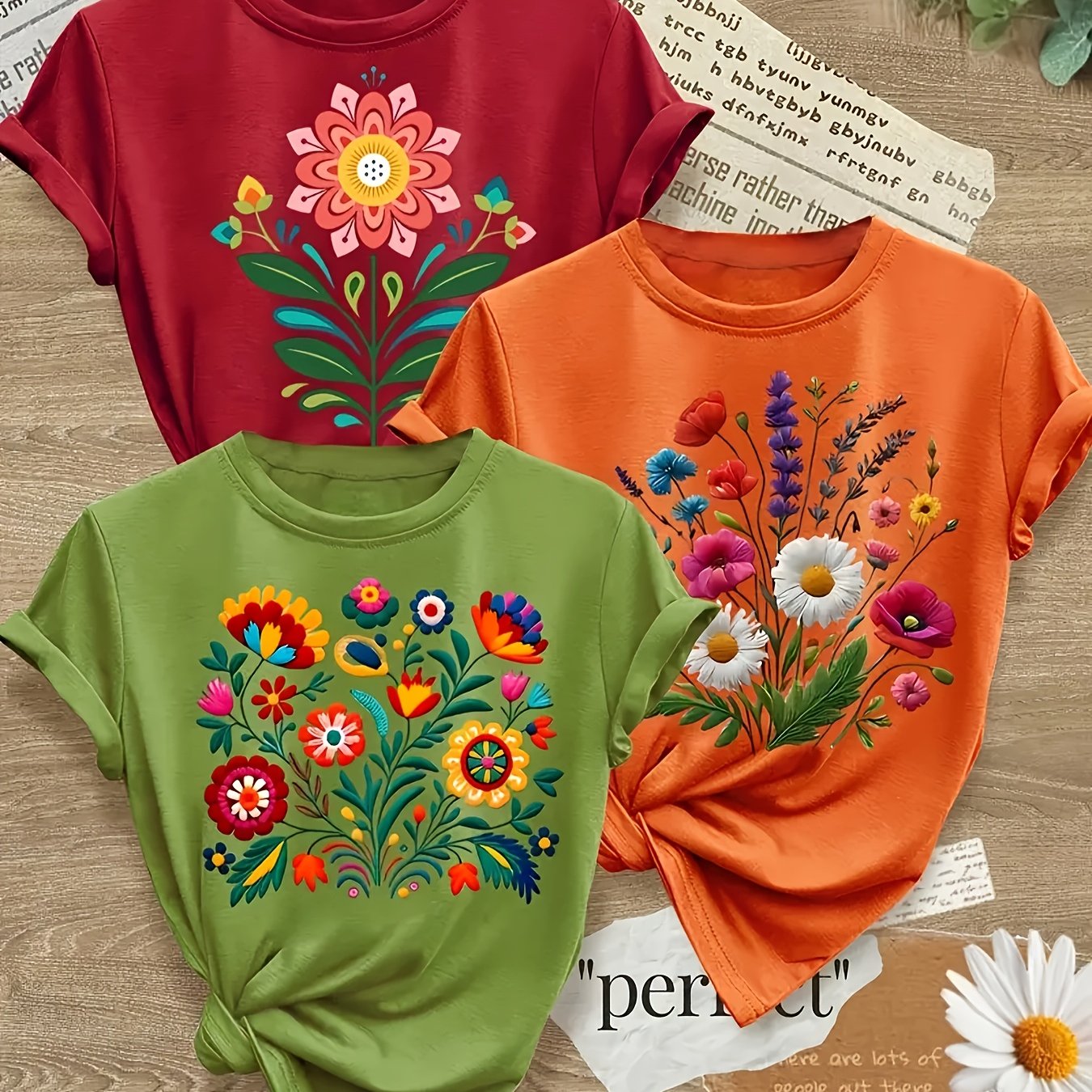 TEMU 3pcs Women's Bohemian Floral Print Short Sleeve T-shirts - Loose Fit Round Neck Summer Tops With Vibrant Graphic Designs, Plus Size 1xl-5xl,