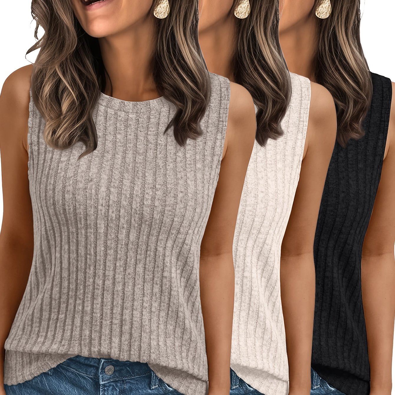 E-shop Damen Bequemes Basic Rundhals Mode Freizeit Ärmelloses Weste 3-teiliges Set