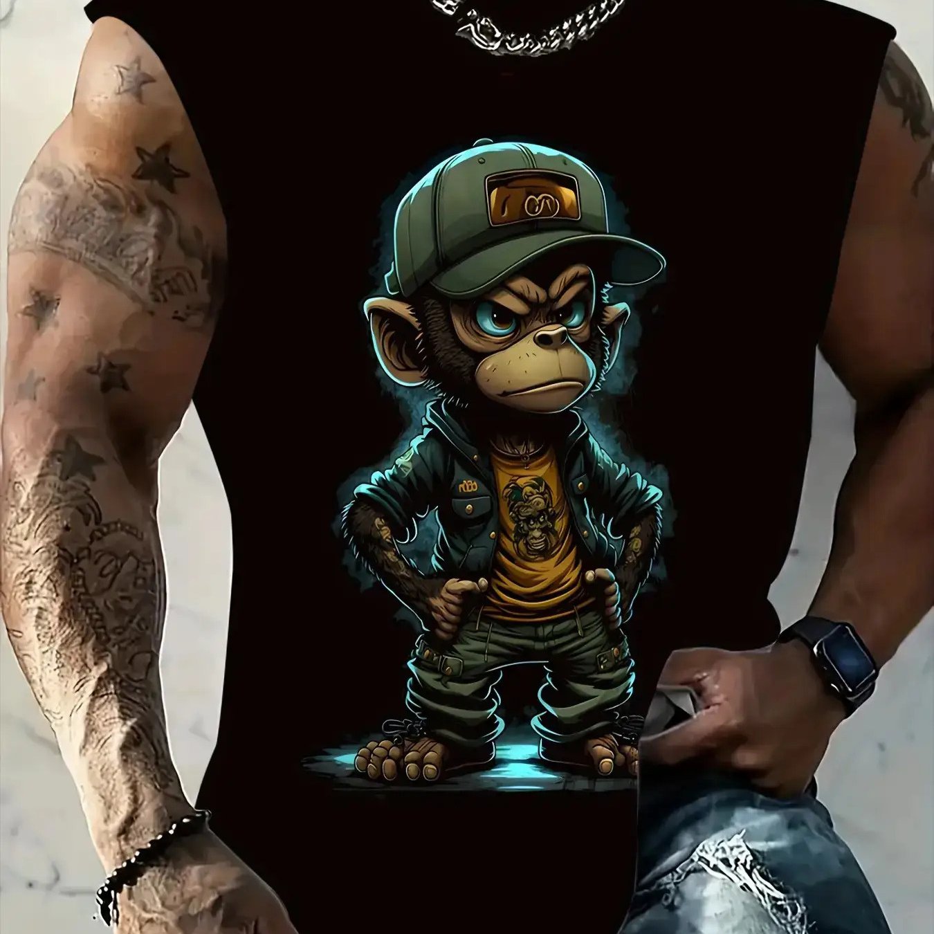 TEMU [print Design - Not Textured] Men's Size-up Cartoon Vest - Breathable Comfortable Sleeveless Top With Stretch, Black, Featuring Vibrant Monkey