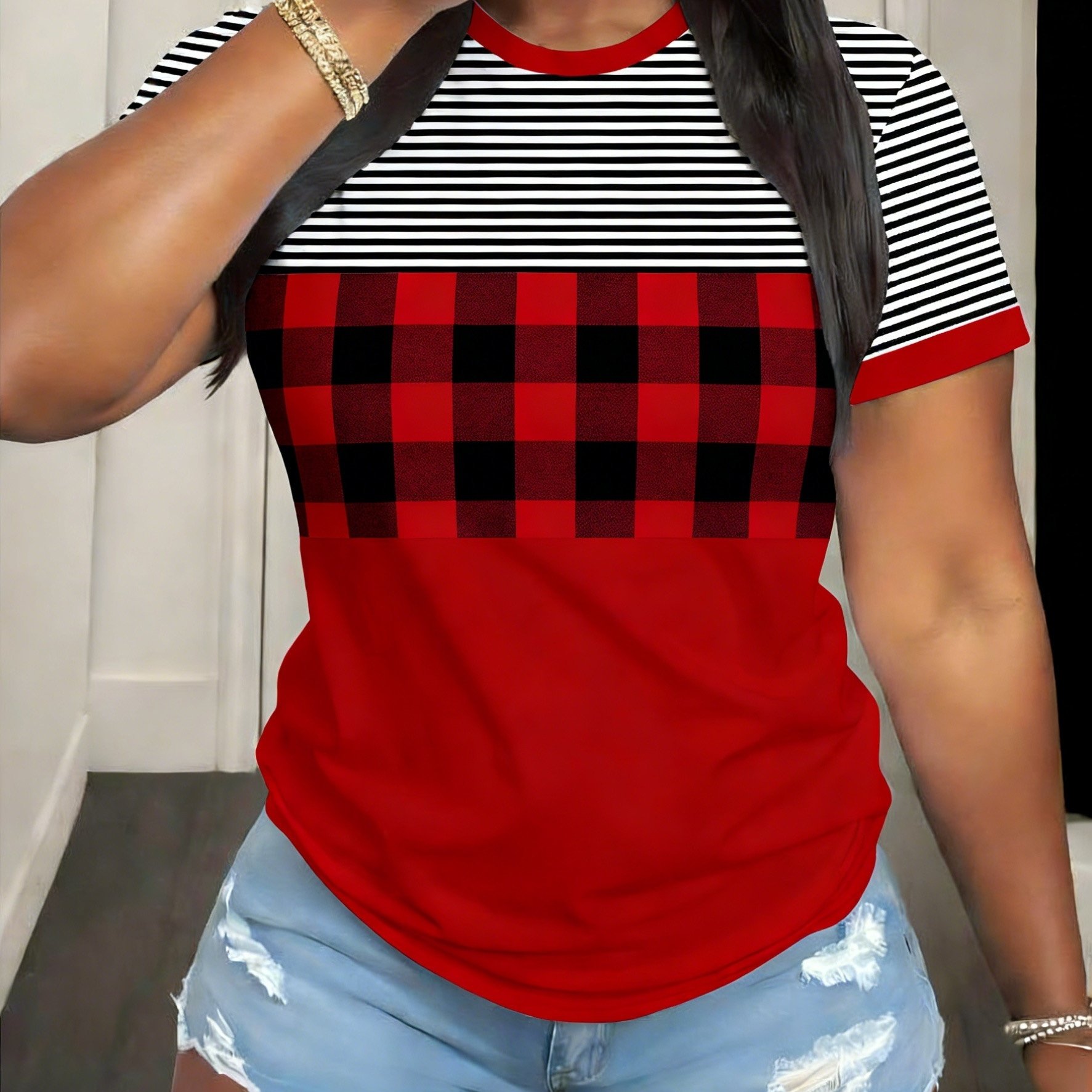 TEMU A Women's Pink Leopard Print Striped T-shirt, Made Of Soft And Comfortable Fabric, Casual And Cute, Suitable For , Autumn Clothing