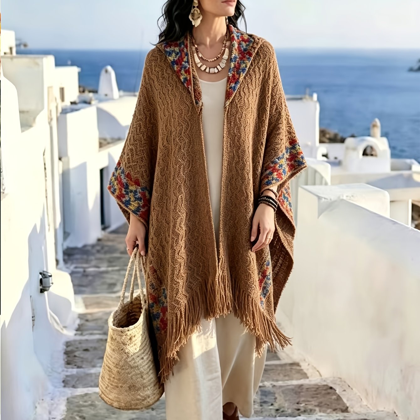 TEMU Plus Size - A Loose Cardigan Shawl With A Hood, A Bohemian-style Colorful Fringed Coat. Suitable For As Outerwear, For Travel And Casual