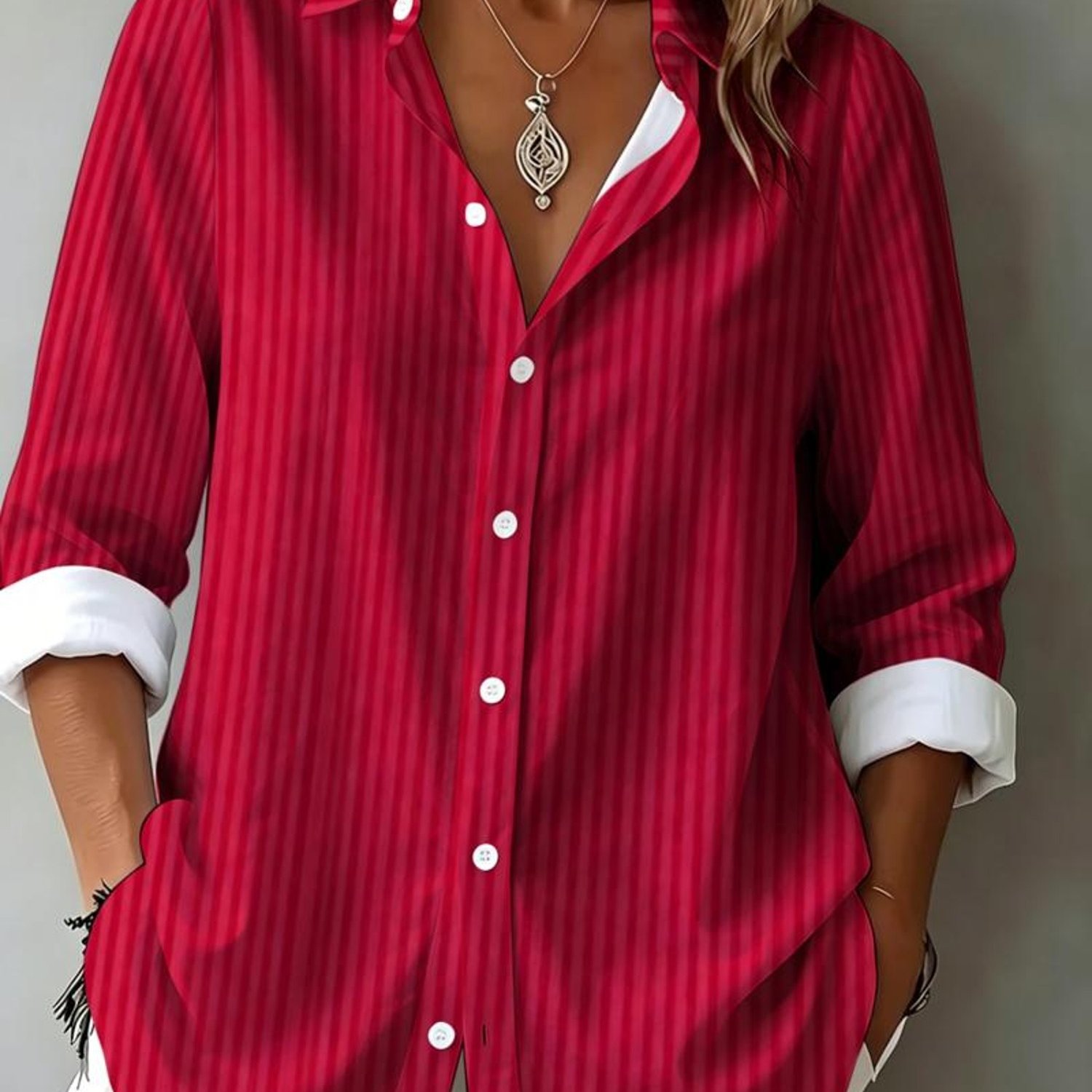 TEMU Women's Beautiful Long Sleeve Shirt, Rich Fine Pinstripe All Over, Casual Outing Effortlessly Style [printed Design - Not Textured]