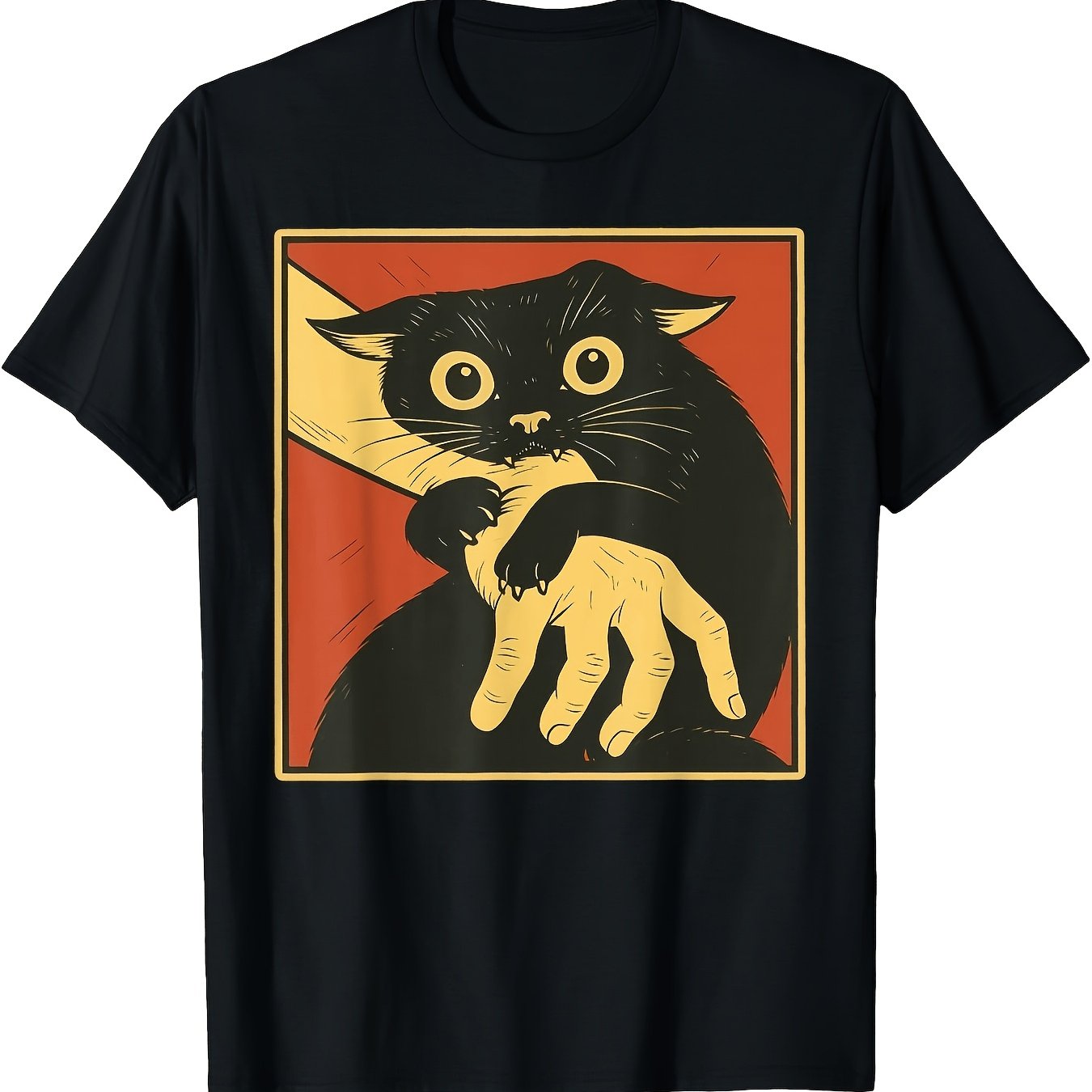 Image of Suitable For All Comfortable Black Cat T-shirt - Relaxed Fit Round Neck Sleeve Casual Shirt With Cat Print, Machine Washable Suitable For , Casual Attire For