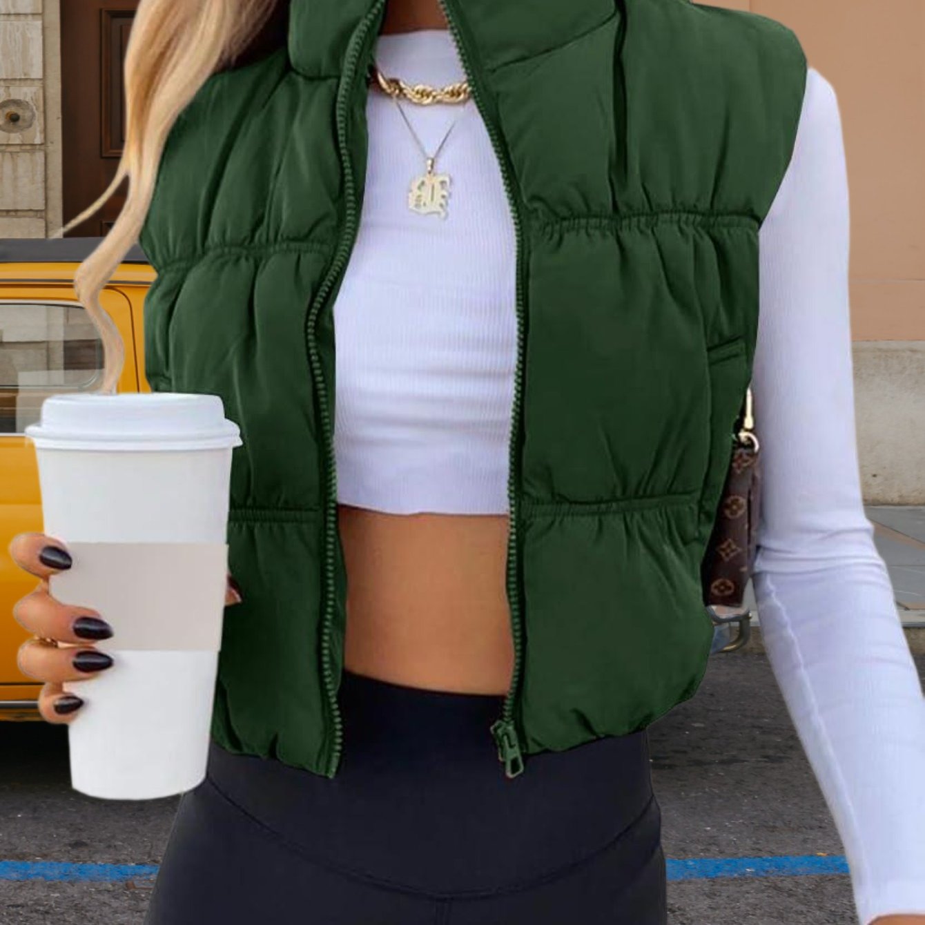Image of Women's Crop Puffer Vest Winter Zip Up Lightweight Sleeveless Warm Outerwear Padded Coat