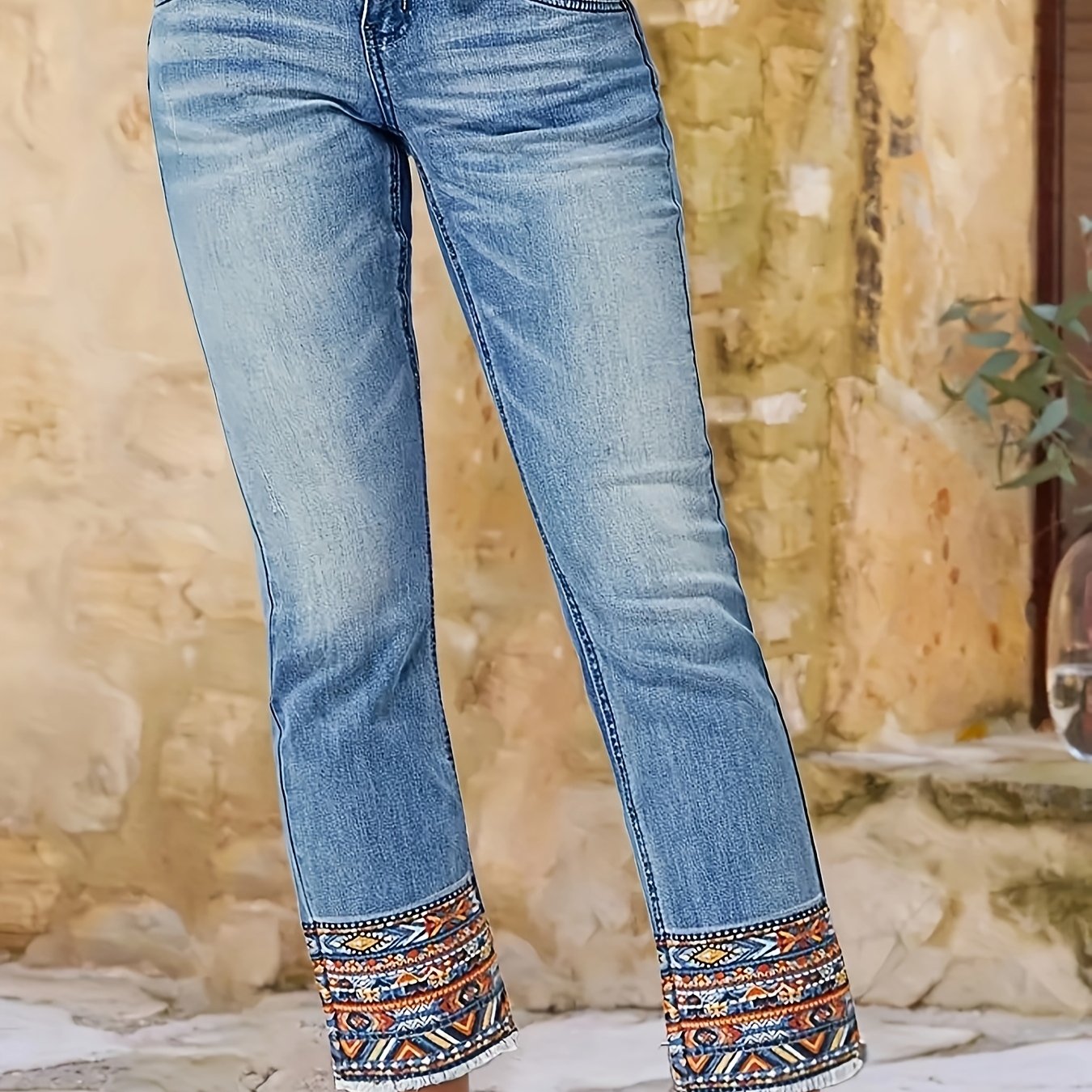 TEMU Hme Autumn/winter New Arrival - Women's Denim Ankle Pants With Heavy Embroidery Detail At The Hem, Suitable For , Showcasing A Western Cowboy