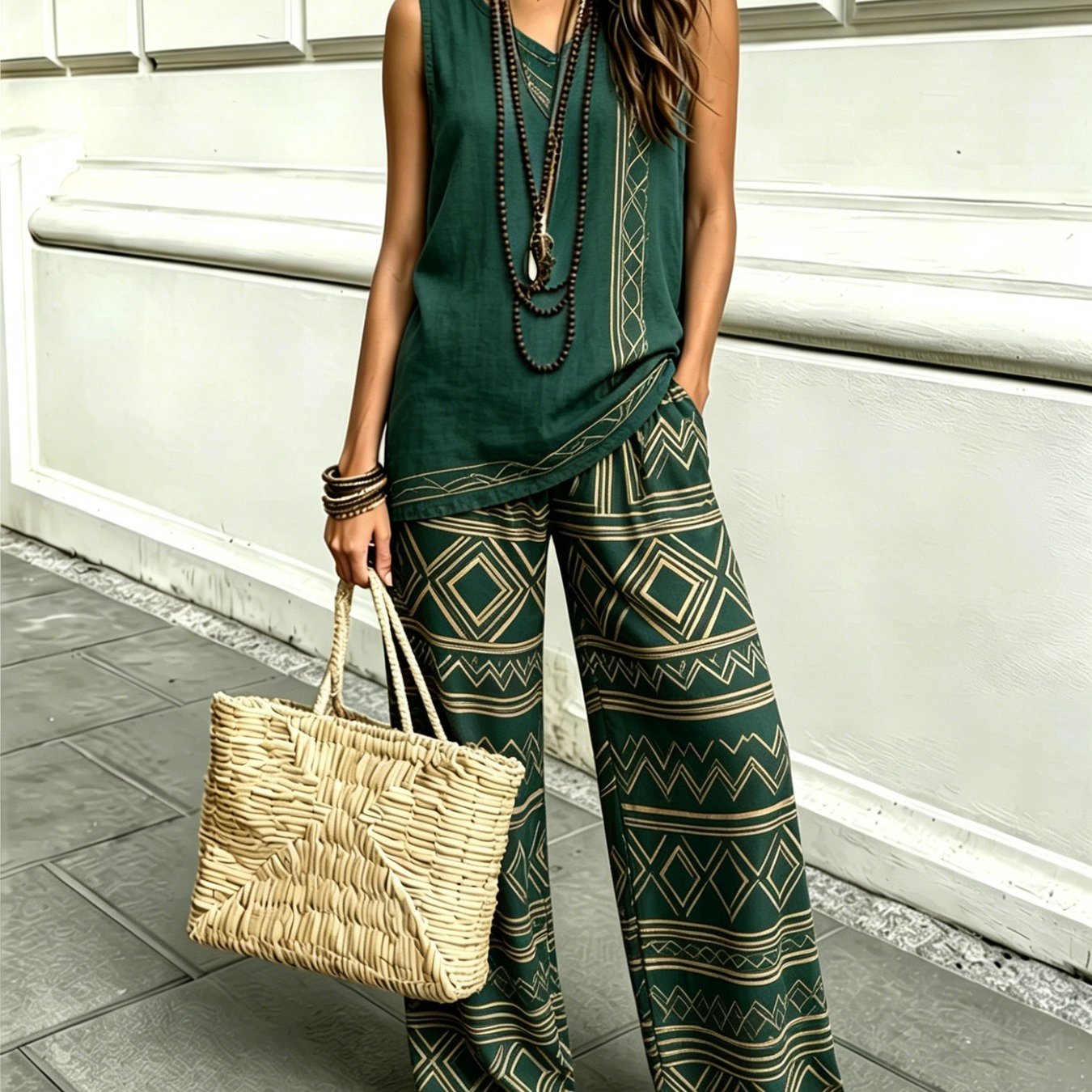 Women's V-neck Sleeveless T-shirt And Wide-leg Pants Two-piece Set | Casual, Elegant, And Minimal , Ideal For Daily And Leisure Vacation Looks And Summer. Suitable For Street Wear, Outdoor, And Party