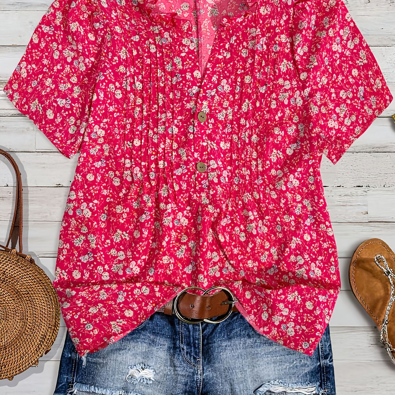 E-shop Plus Size, Sommer Plus Size Damen Top mit Rüschenkragen Kurzarmhemd Locker Casual Blumenbluse Damenhemd