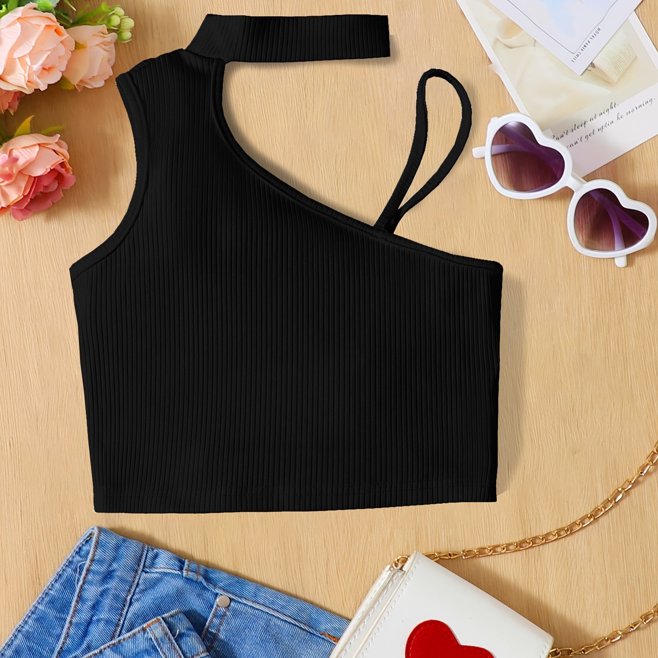 Image of Girls' Vest Off-shoulder T-shirt Solid Color Ribbed Outerwear All-match Summer Girls' Big Kids' Slouchy Athletic Vest