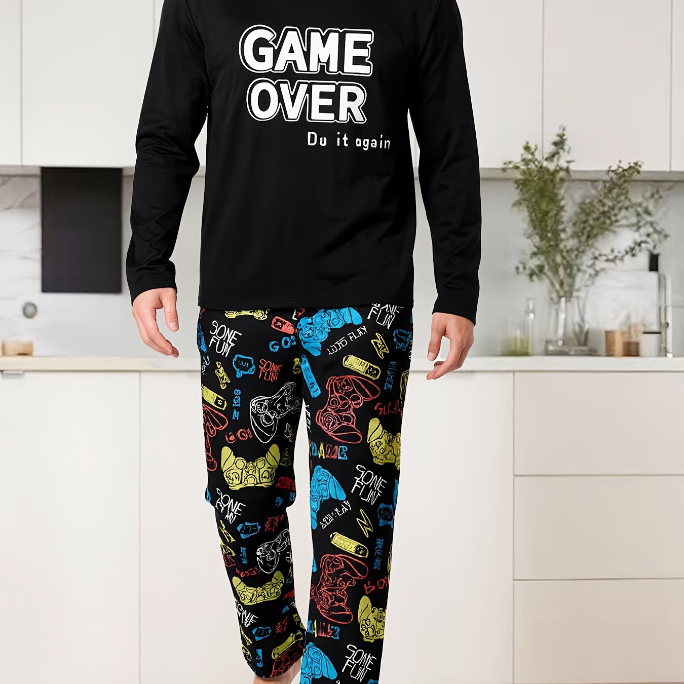 Men's Gaming Console Cartoon Print Long Sleeve Long Pants Loungewear Set