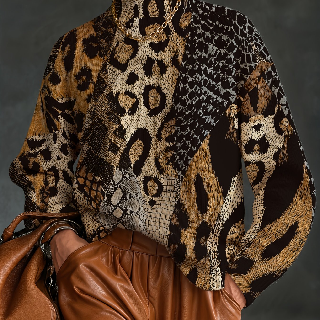 TEMU [printed Design - Not Textured] Women's All Over Printed Knitwear High Neck Long Sleeve Heavyweight Sweater, Leopard And Snake Prints Pattern,