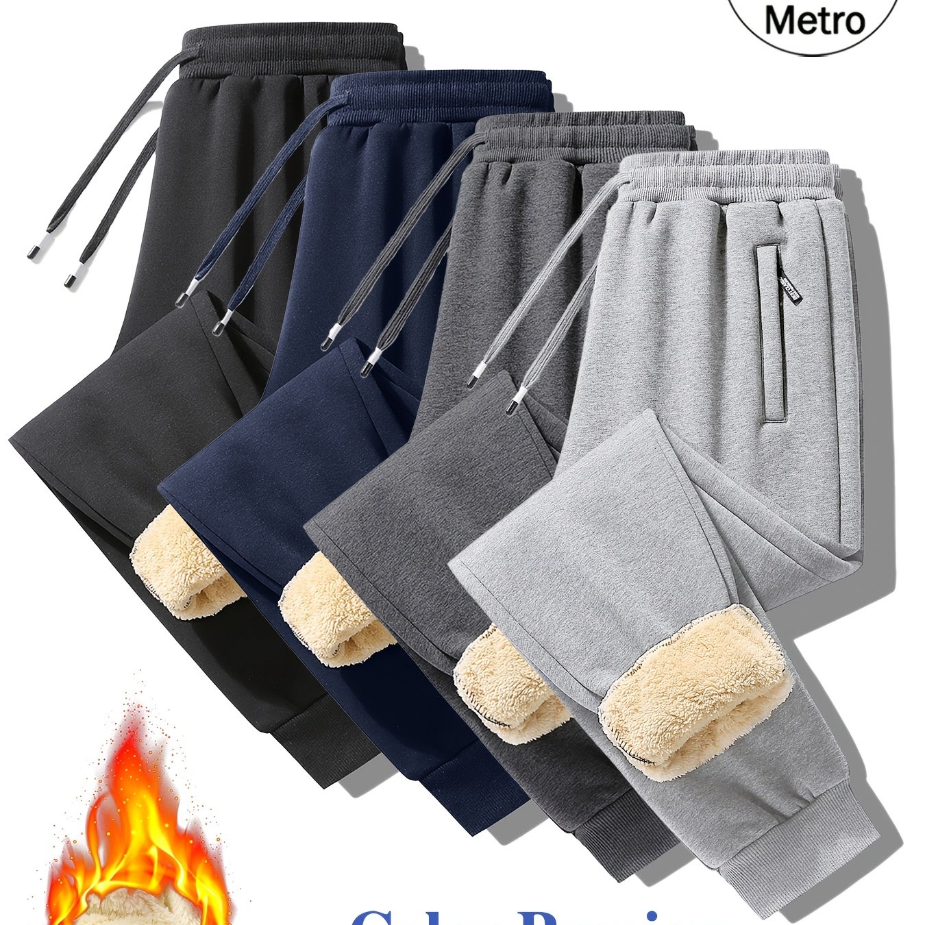 TEMU Men Winter Warm Fleece Lined Jogger Sweatpants 4-pack, Elastic Drawstring Waist Casual Pants, Thick Thermal Trousers With Zipper Pockets