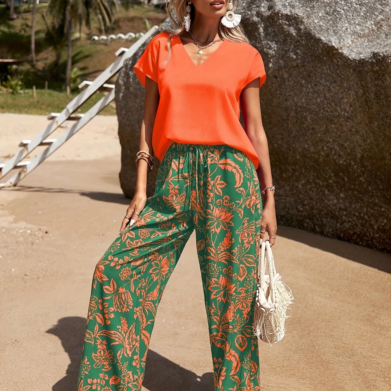 Summer -neck T-shirt And Printed Wide-leg Pants Fashion Outfit
