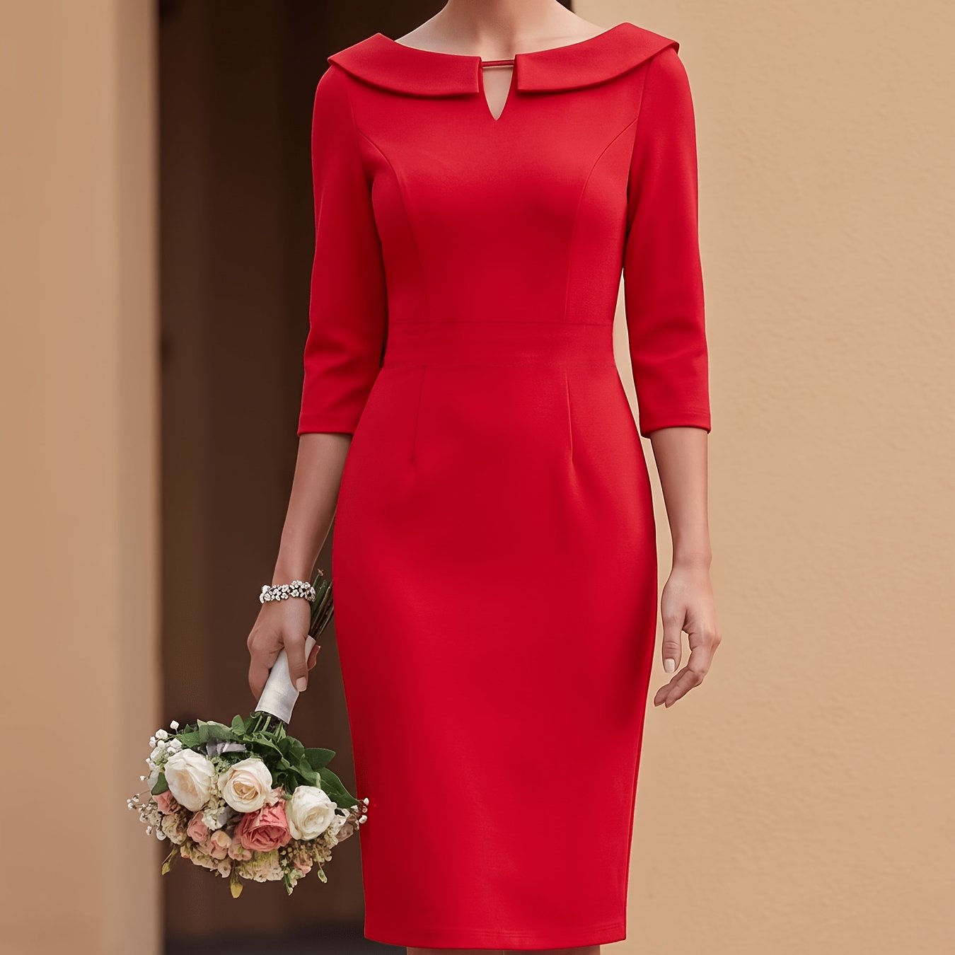 TEMU Western Spring Summer Red Lapel Small V Waist-cinching 3/4 Sleeve Dress - Women's Evening Bodycon Pencil Skirt