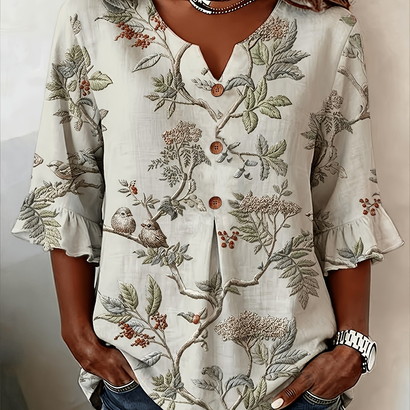 TEMU Plus Size, Summer V-neck Five-quarter Sleeve Floral And Bird Print Wooden Button Ruffle Hem Loose Fit Casual Top