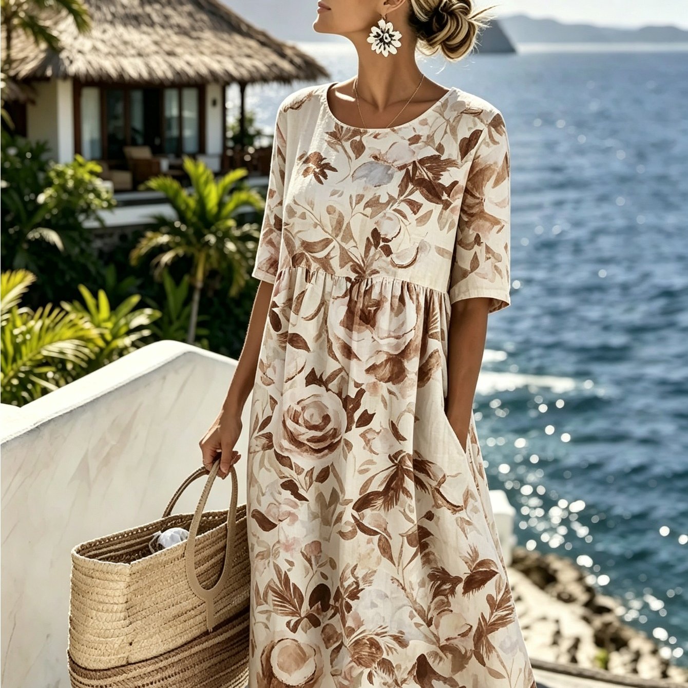 Women's Floral Print Mid-length Dress - Round Neck, Short Sleeves With Pockets, Casual Loose Summer Dress, Suitable For Vacation, Beach, And Everyday Wear