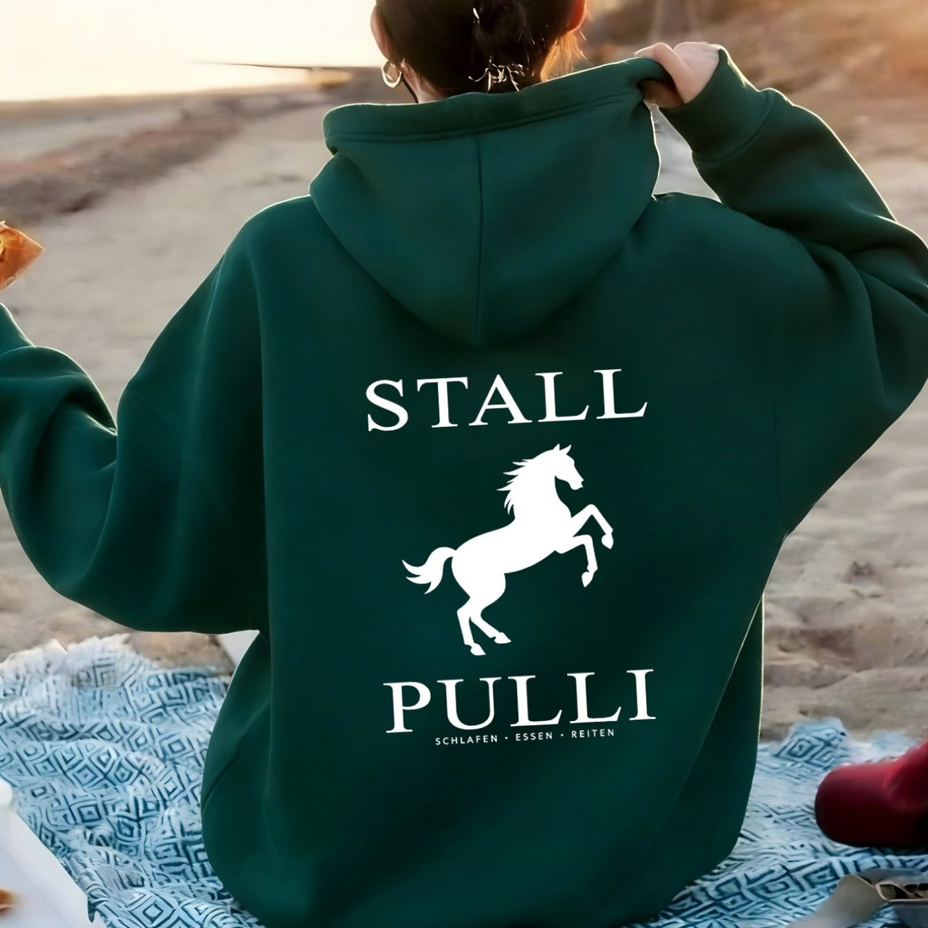 Equine Pattern With "stall Pulli" Text. Women's Fashion Casual Athletic Hoodie, Back Print