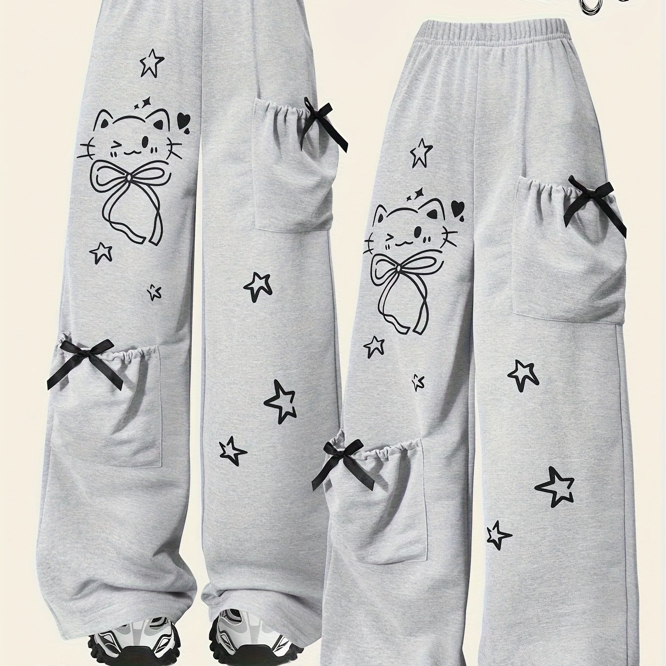 E-shop Mädchen Hose in Hellgrau mit Geradem Bein, Kätzchen- & Sternenprint & Schleifentasche – Saisonale Hose für Kleinkinder ab 3 Jahren, Schule,