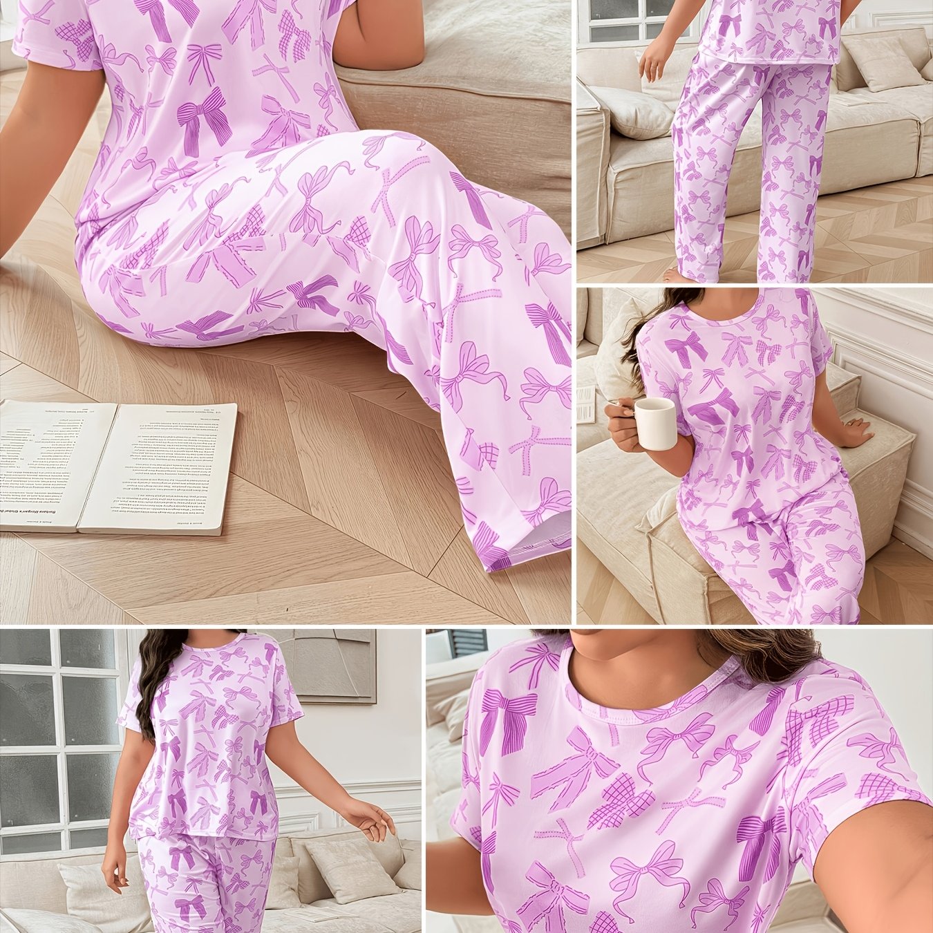 TEMU Women's 2pcs Pajama Loungewear Set, Casual Pajama Set, Comfortable Pajama Home Set, Comfortable For Home Use, Bow-themed Pajama Set, Loose Round