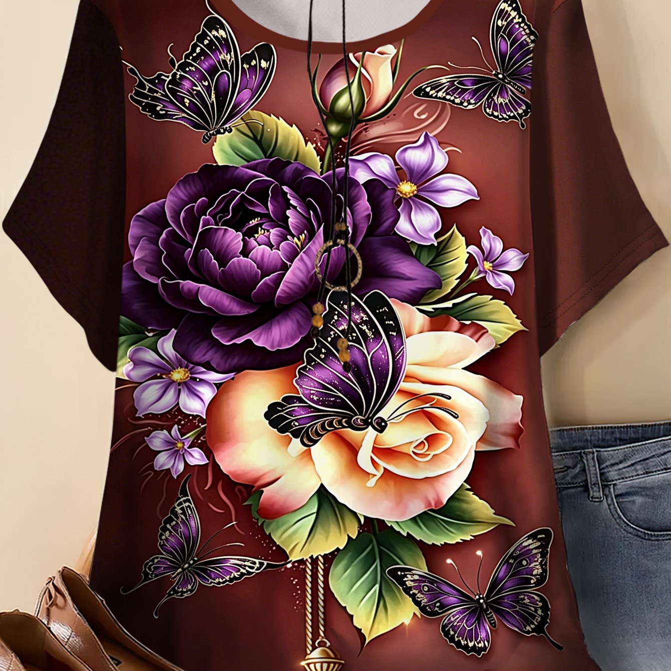 TEMU Plus Size - Plus Size - Plus Size Style Purple Floral Print Top, Breathable Skin-friendly Plus Size T-shirt, Machine Washable, Literary Outfit