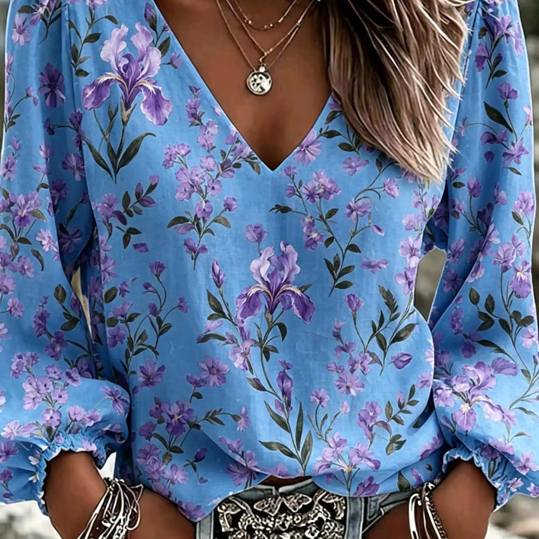 Floral Print V Neck Blouse Light Blue Purple Flowers And Green Leaves Boho Chic Casual Wear For Women Summer Outfits