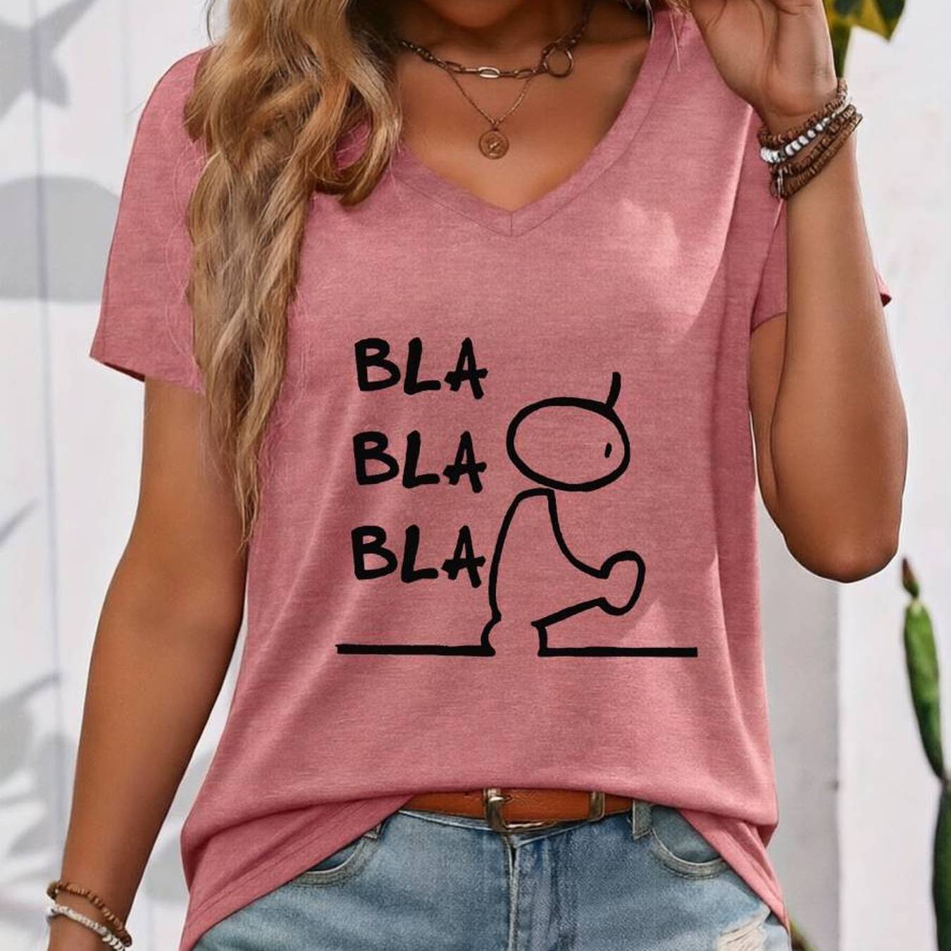 TEMU Plus Size - Women's Fashion Casual Spring Summer New Women's Clothing, Minimalist Style, Easy Sketch Fun Placement Print V-neck Short Sleeve,
