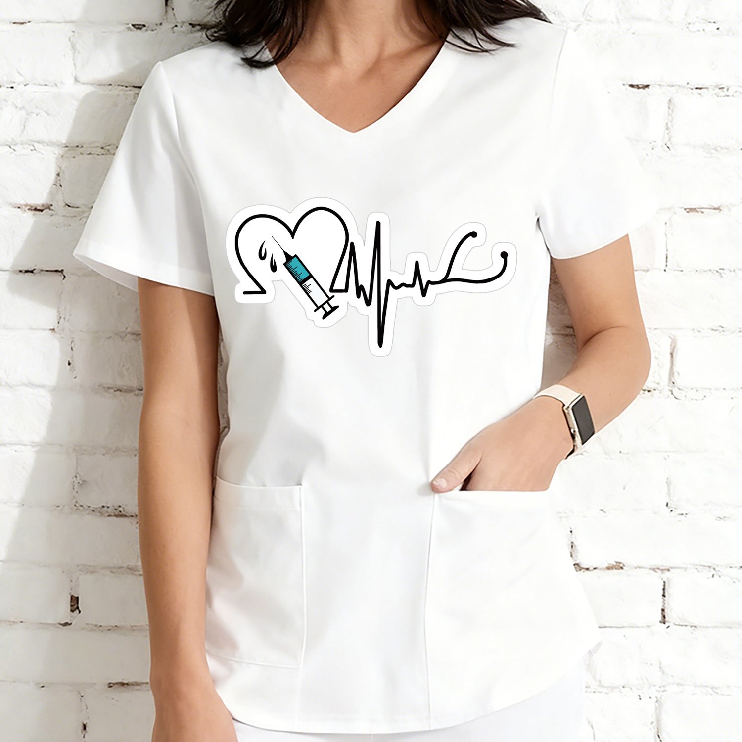 TEMU V-neck Short Sleeve Nurse Uniform 2026 Spring/summer Casual Pattern Print Women' Regular Nurse Dress Top | Breathable Fabric