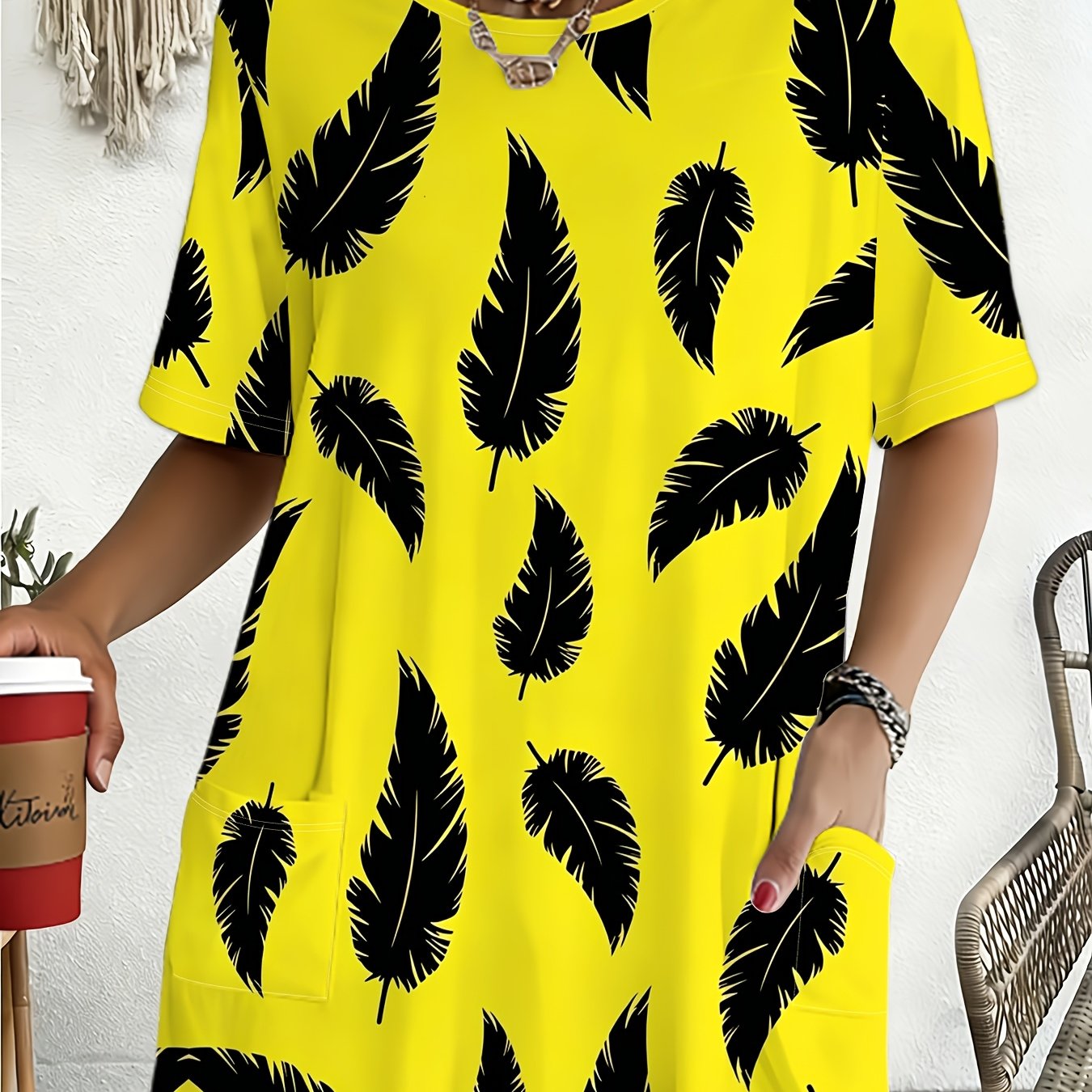 TEMU Yellow Print Loose Short Sleeve T-shirt Women's Plus Size Casual Top, Fashion Trendy Summer Wear