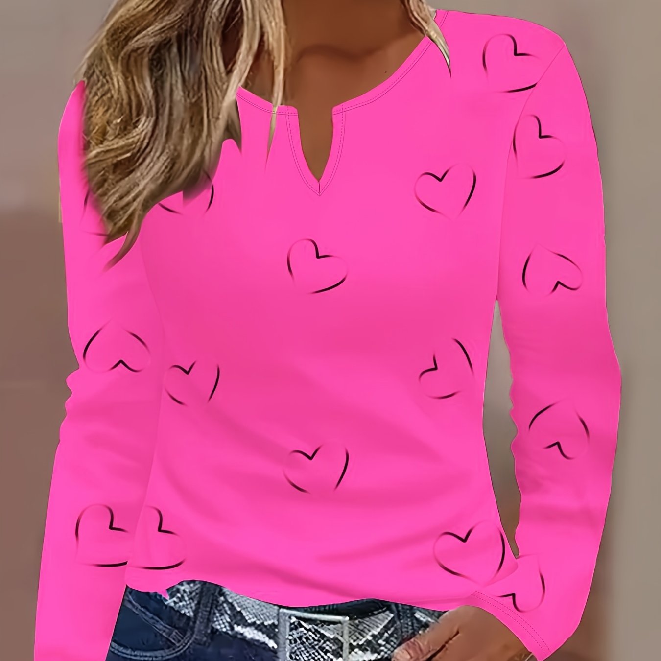 Stylish Heart Print Long Sleeve Notch Neck Top