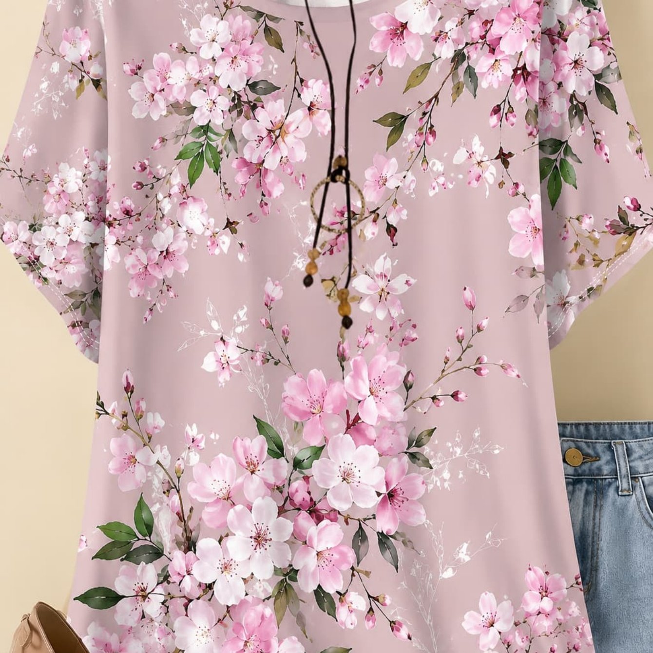 TEMU Plus Size Women's T-shirt Pink Cherry Floral Print High Elasticity And Pink Cherry Floral Machine Wash Perfect Gift Plus Size Short Sleeve