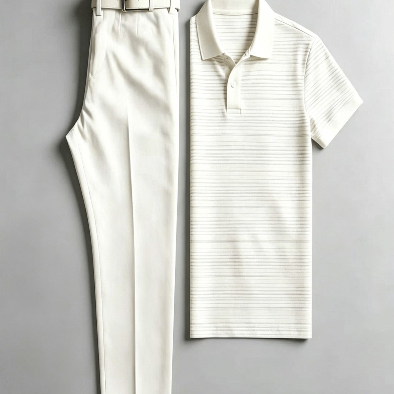 Image of Men's 2pcs Casual Outfit Set, Fine Gray Horizontal Striped Short Sleeve Shirt And Solid Straight Leg Dress Chino Pants, Summer Breathable Business Golf Daily Matching Suit