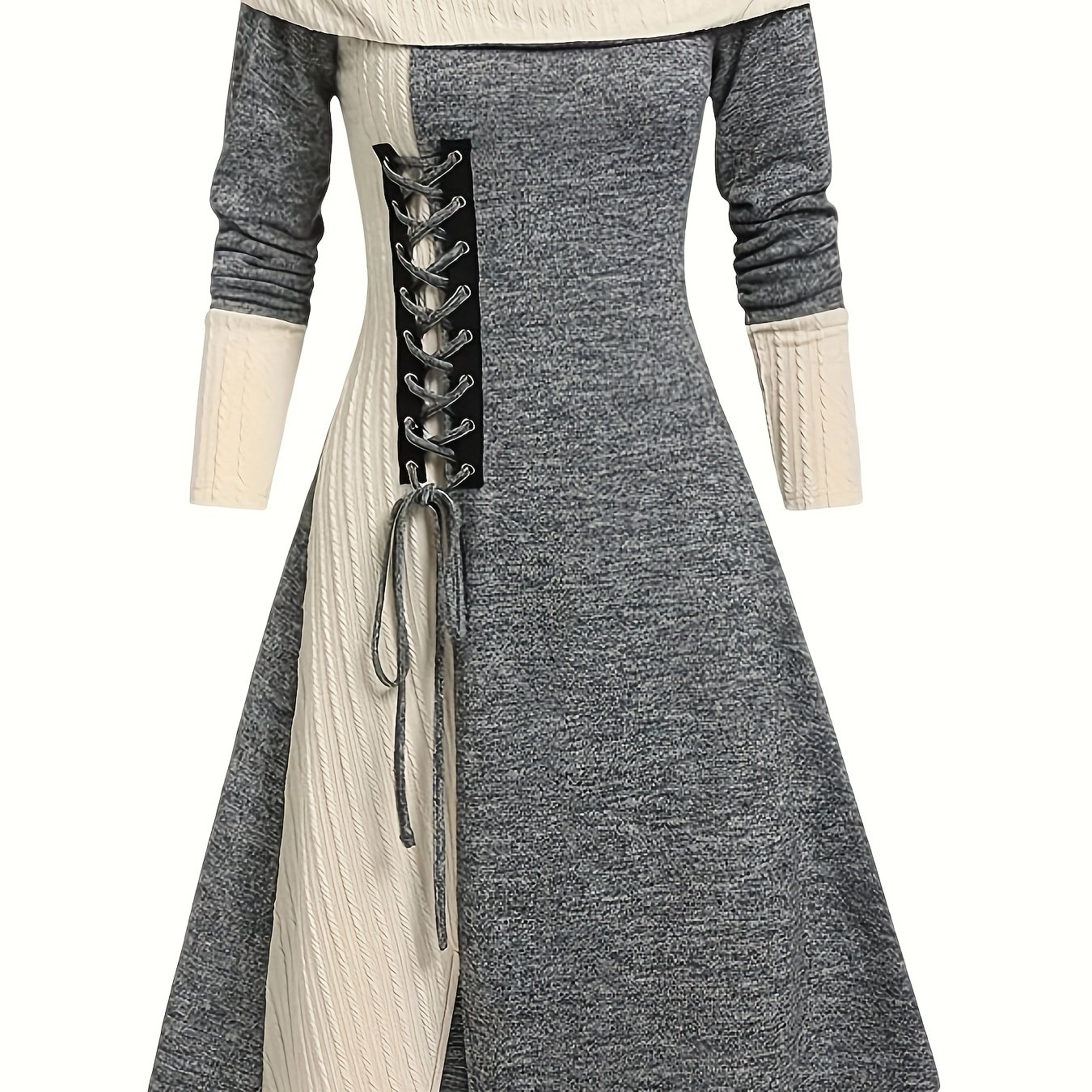 TEMU Elegant Knit Dress With Striped Collar And Lace-up Detail - Women's Fashion Dress - Polyester Blend - A-line Silhouette - Adult Size - Knit Fabric - Exclusive Collection