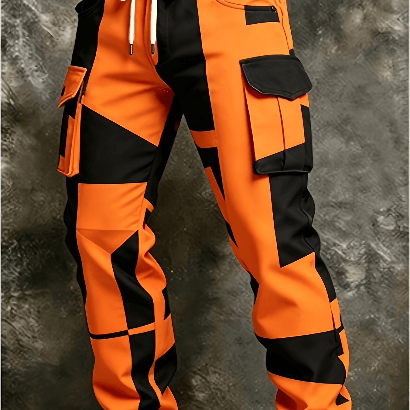 Image of Men's Black Geometric Contrast Multi-pocket Cargo Joggers, Waistband And Loose Fit, Style For Daily Wear, , And Street