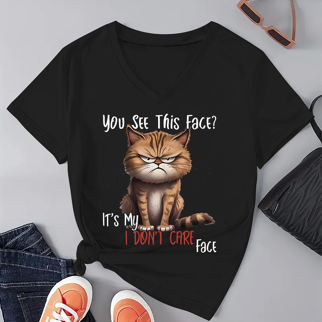 TEMU T-shirt tendance pour femme avec motif imprimé, T-shirt décontracté à manches courtes et col en V pour femme