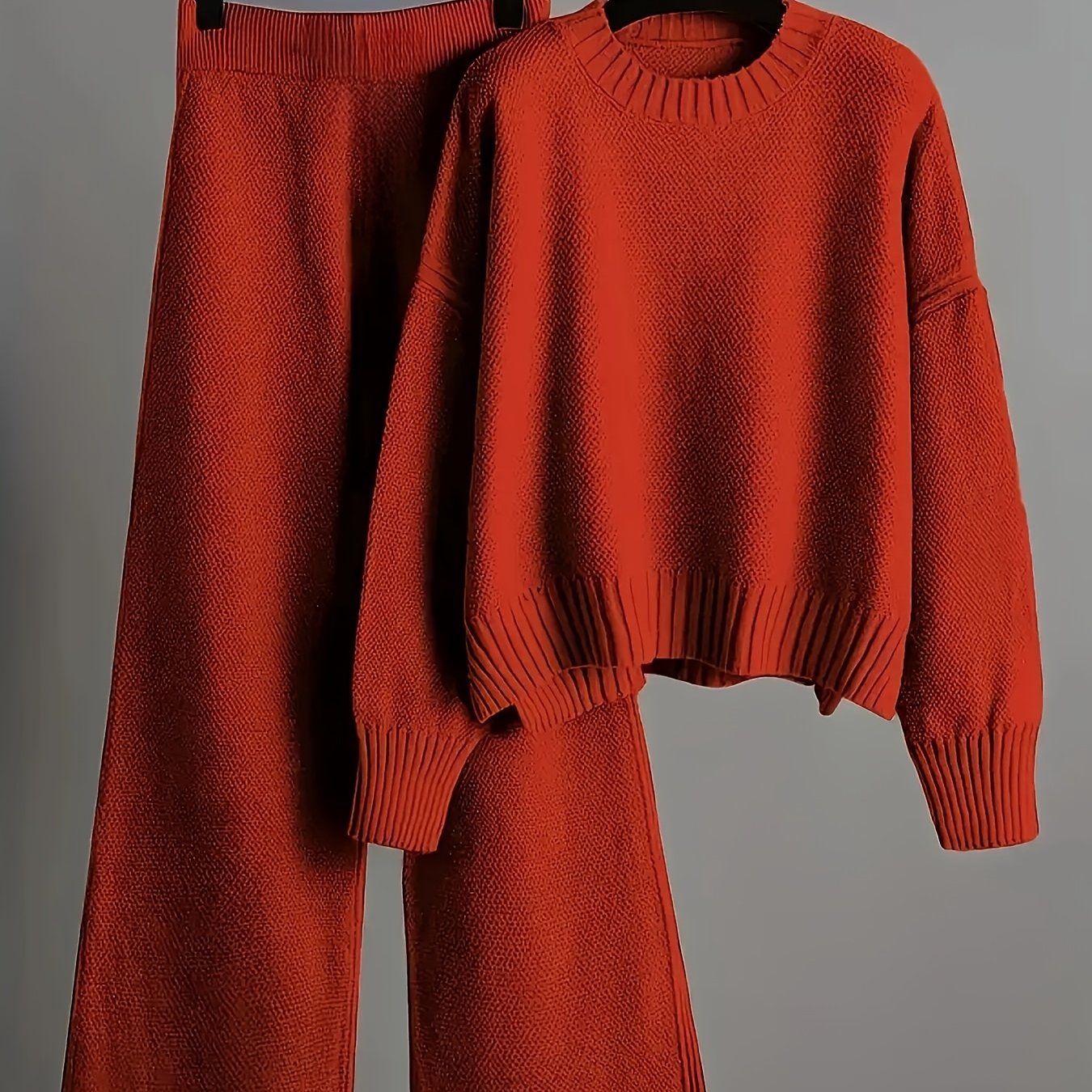 TEMU Ladies' Early Spring Fashionable And Elegant 2pcs Set With Seed Sweater: Chic Pattern Round Neck Drop Shoulder Long Sleeve Pullover + Straight